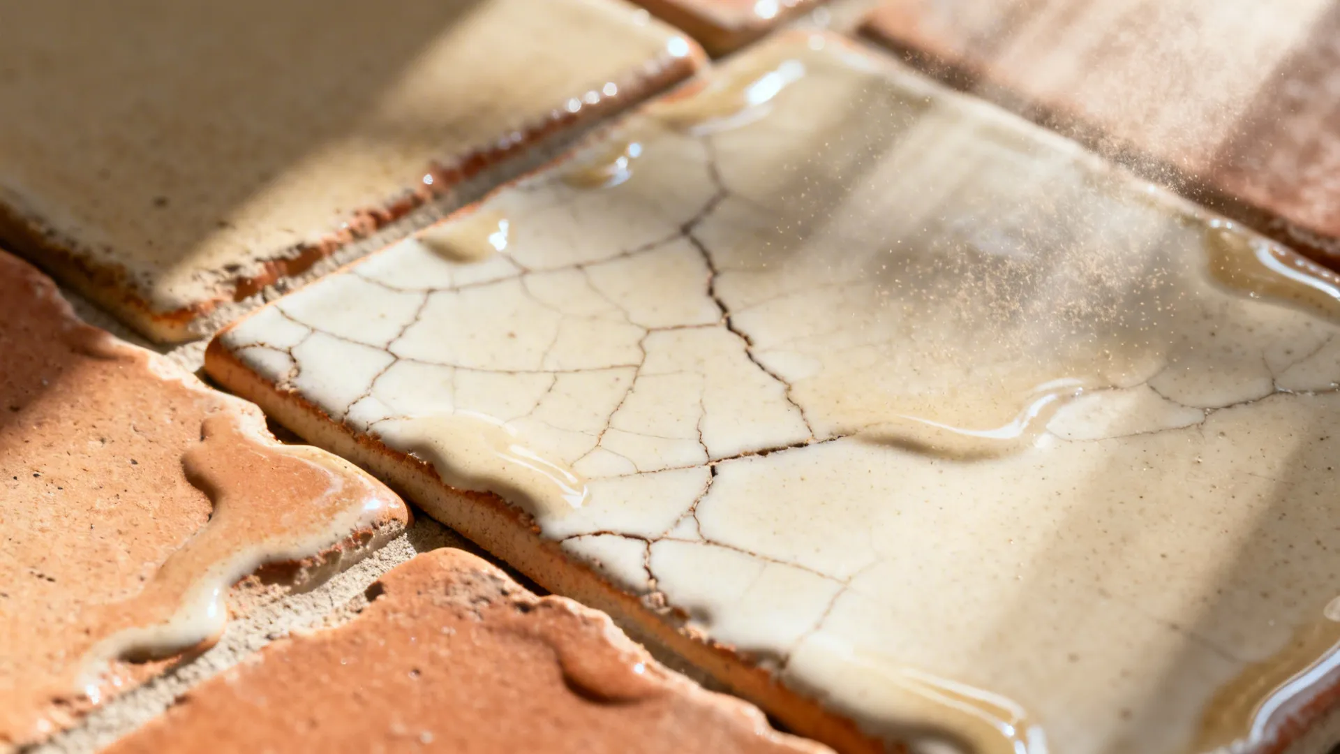 Macro of glossy handmade-look tile with glaze pooling and irregular edge.