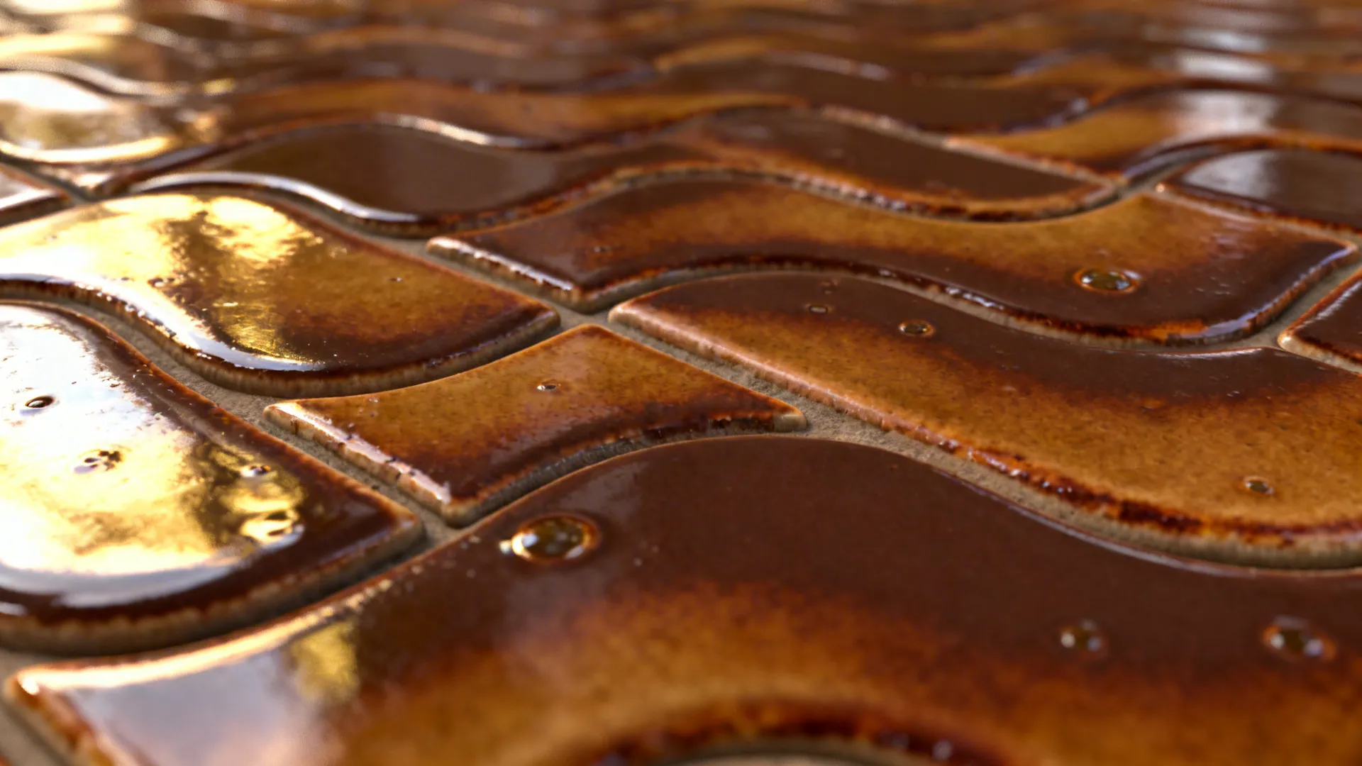 Macro of glossy chocolate zellige tiles with wavy surfaces and tonal variation.