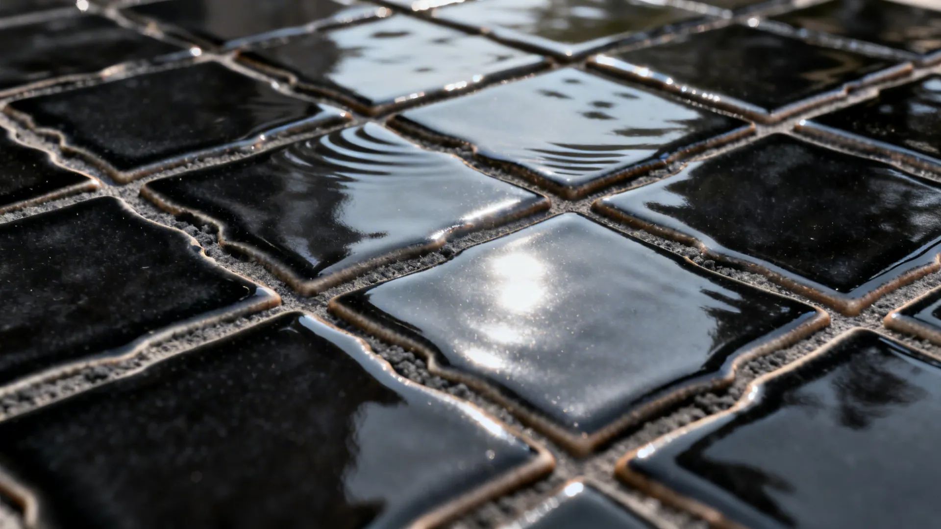Close-up of glossy black zellige tiles with rippled, handcrafted texture.