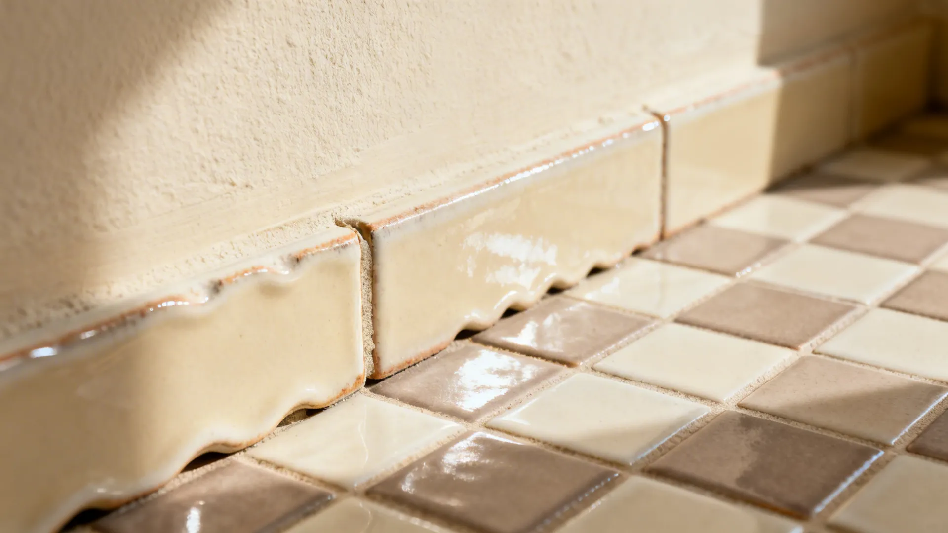 Macro of cream zellige texture beside a taupe–ivory checkerboard floor.