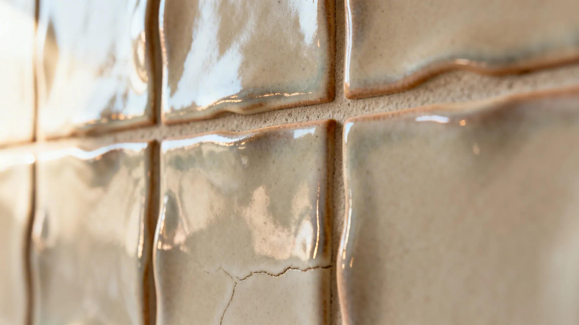 Close up of glossy beige square wall tiles with wavy texture and soft natural lighting