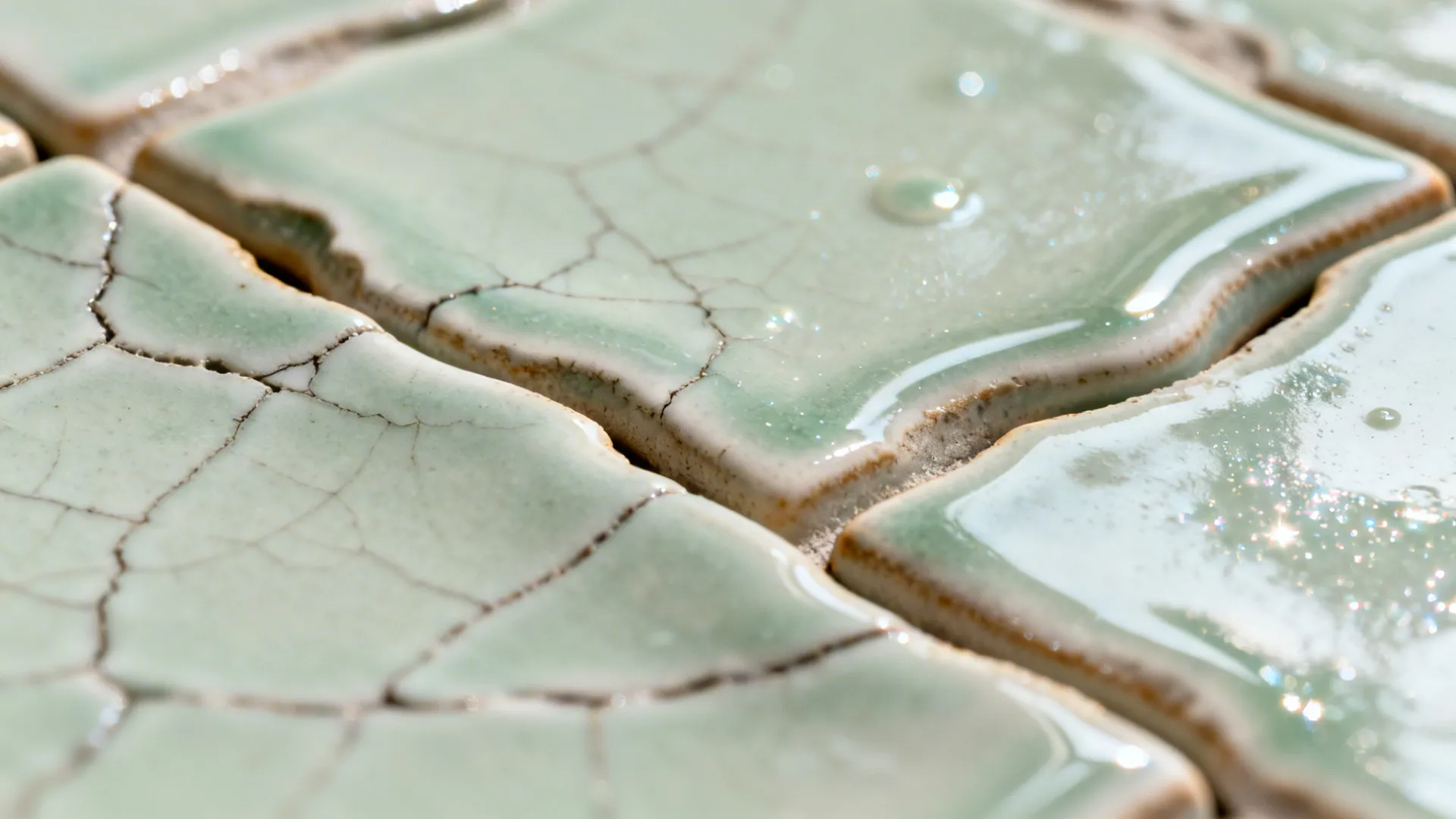 Macro of pale sage zellige tiles showing irregular edges and shimmering glaze.