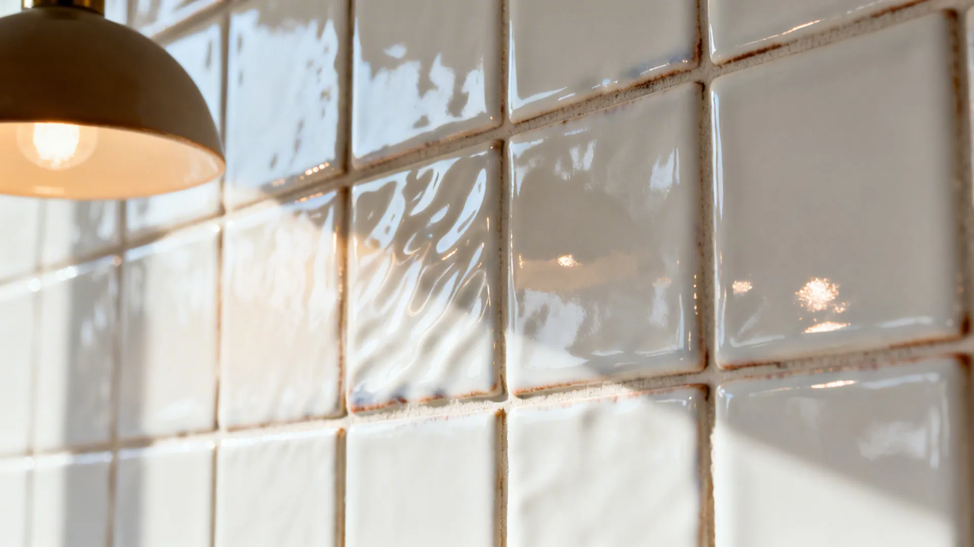 Macro of rippled white zellige-style tiles with subtle glaze variation.