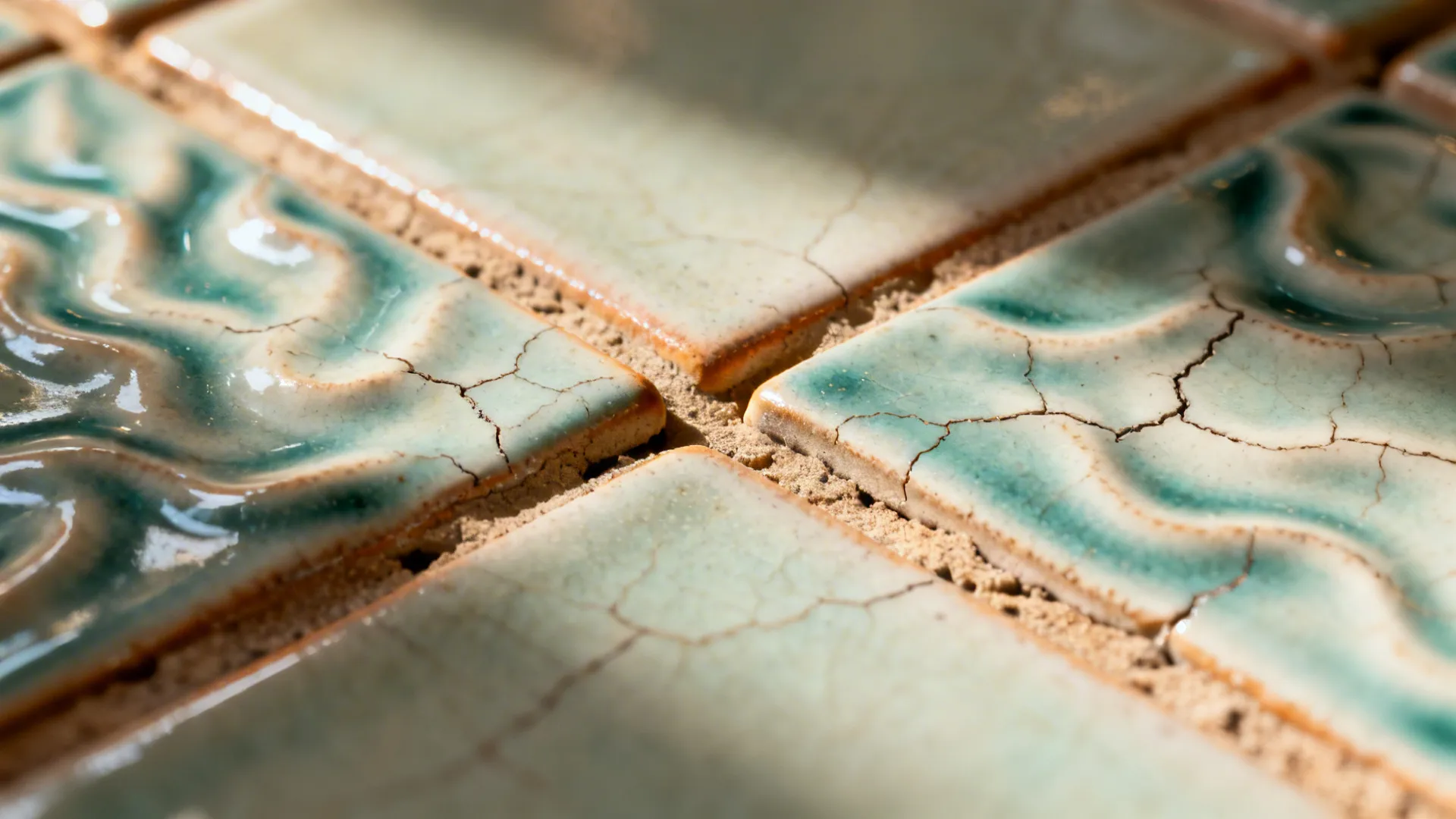 Macro detail of zellige tiles with rippled glaze and close-color grout in warm light.