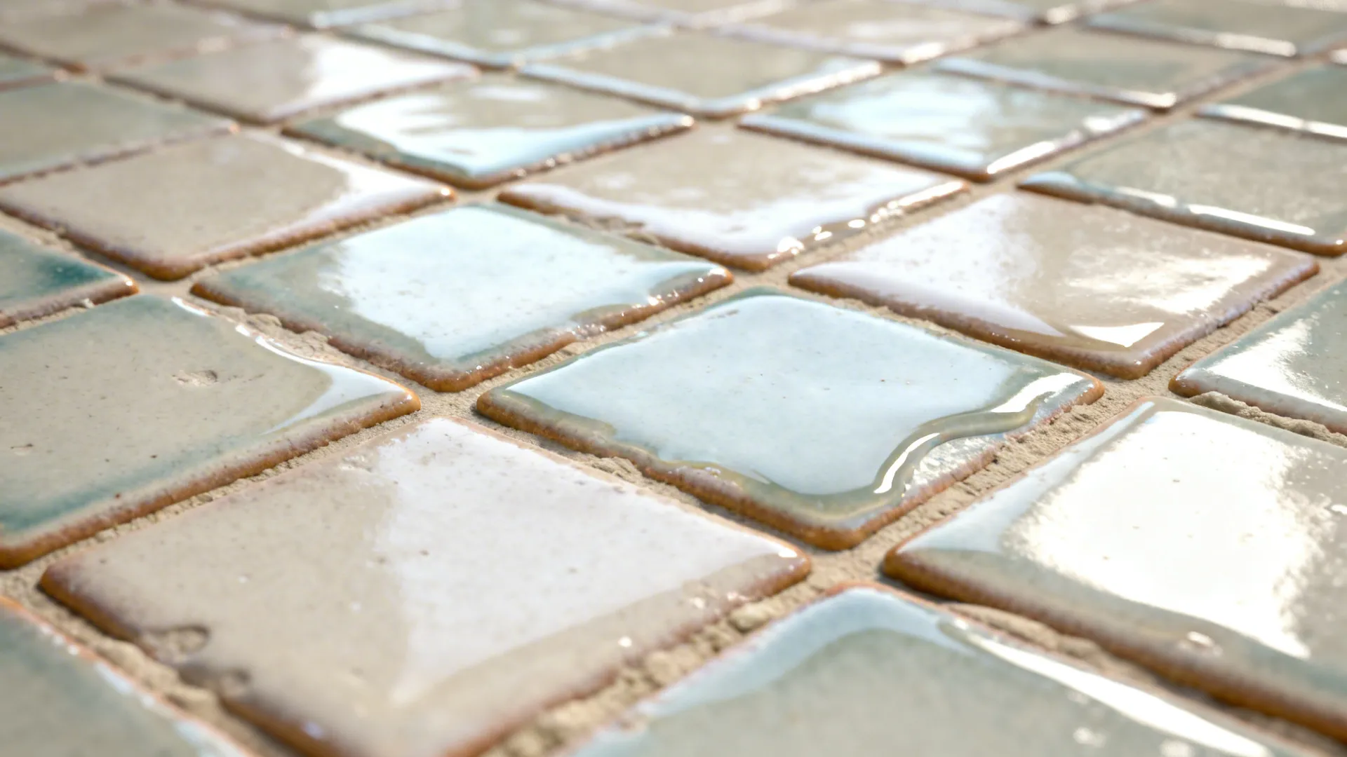 Close up of handmade square wall tiles with glossy surface light reflections and light green