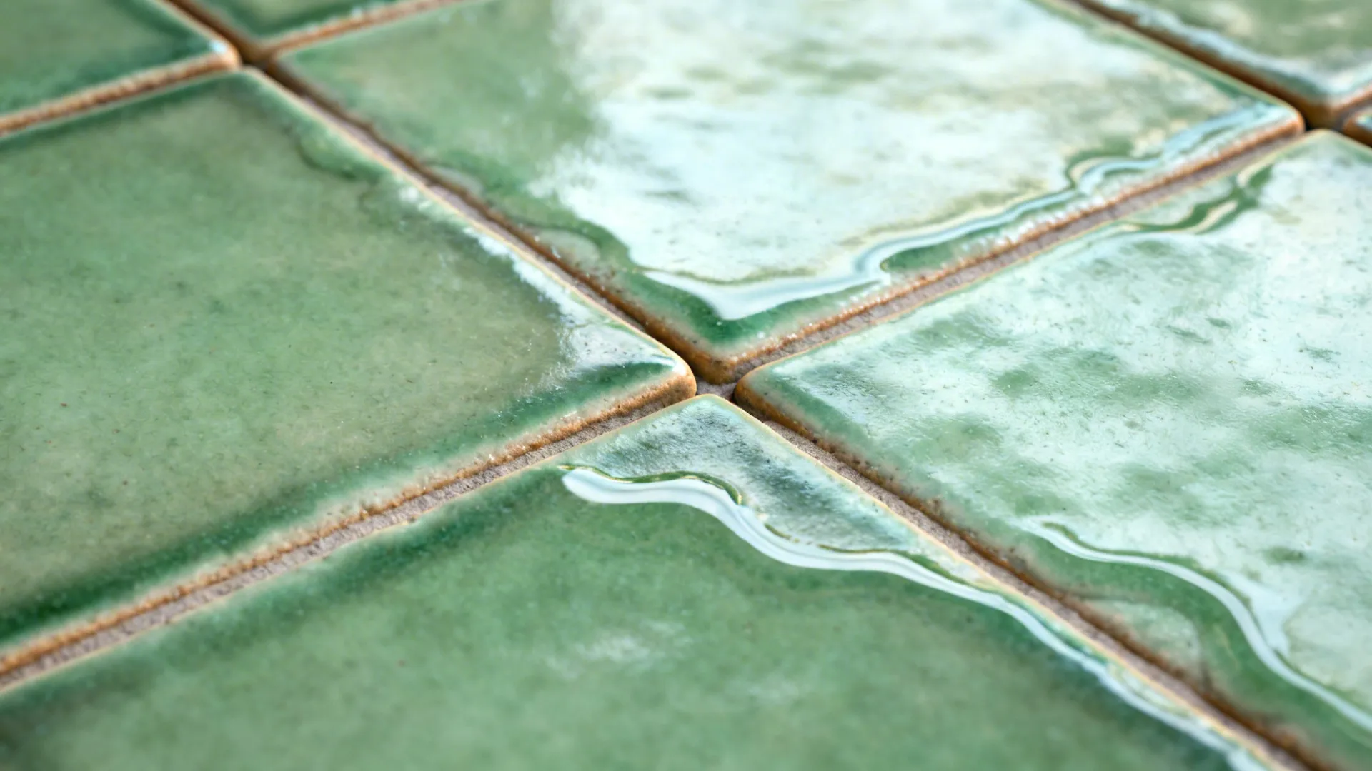 Macro of sage Zellige tiles with glaze variation and color-matched wider grout.