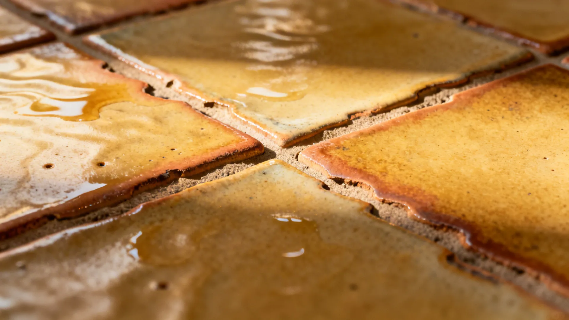 Macro of zellige-style tiles with rippled glaze and tonal variation under warm light.
