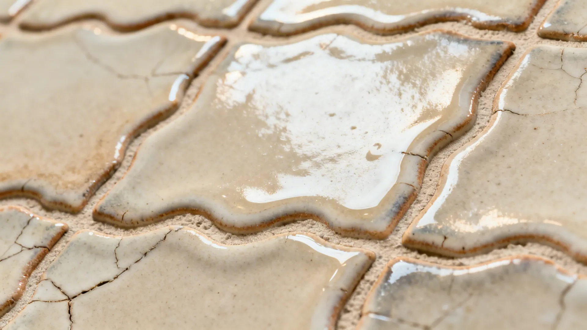 Close-up of handmade zellige tiles with wavy texture and glaze variation.