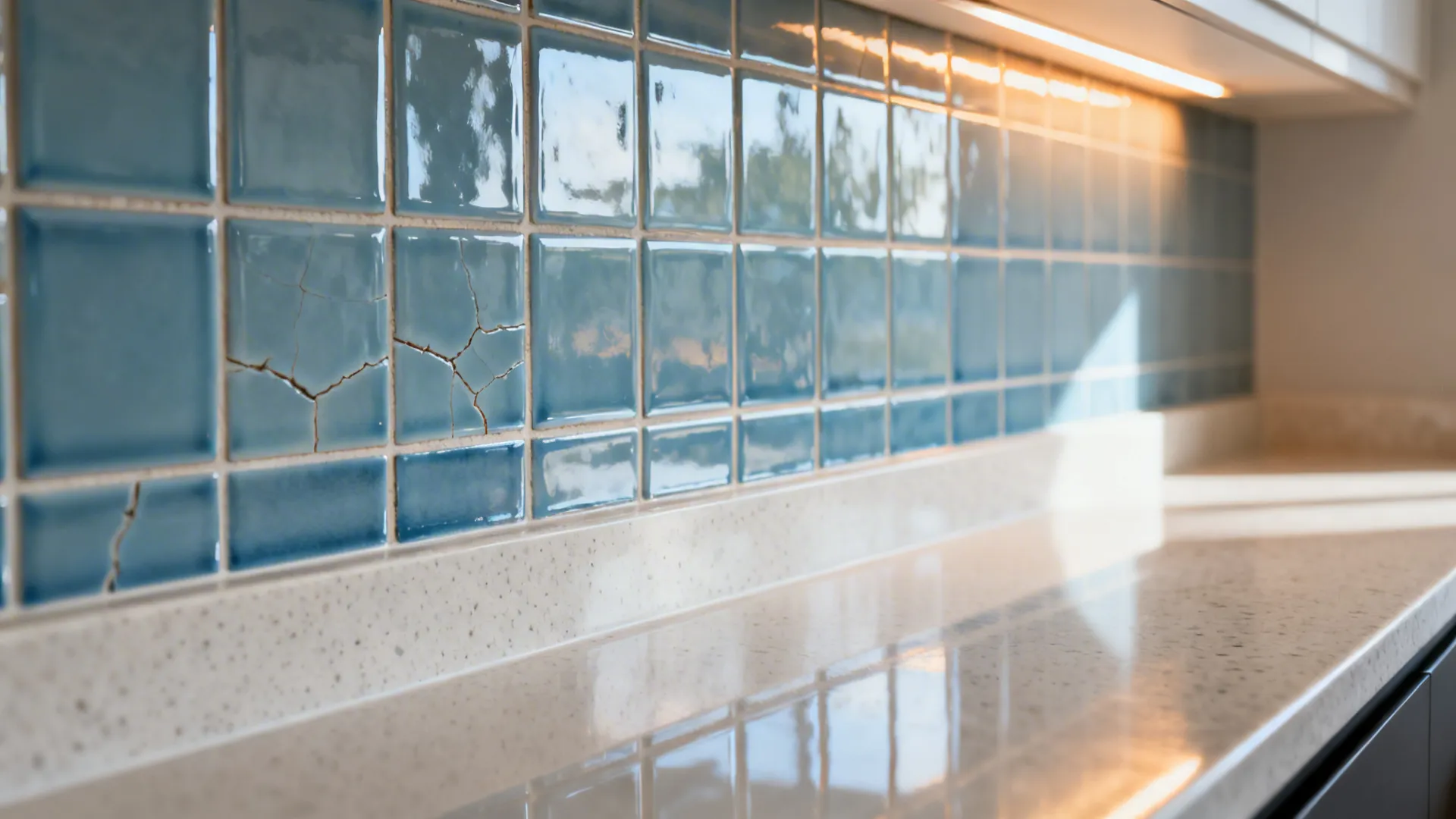 Macro of glossy zellige tiles and quartz edge with soft grazing light.