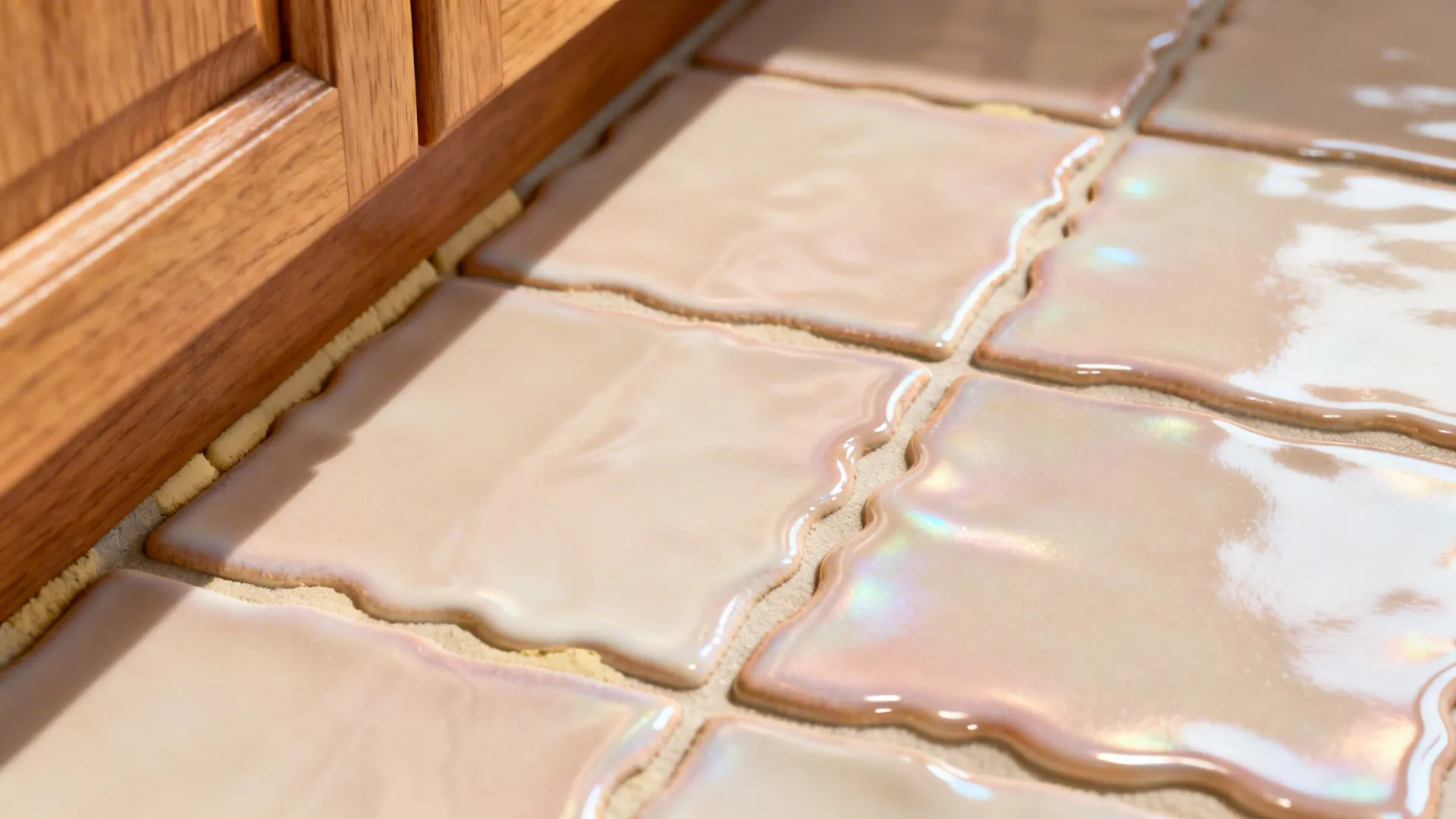 Macro of blush zellige tiles with glossy texture and maple cabinet edge.