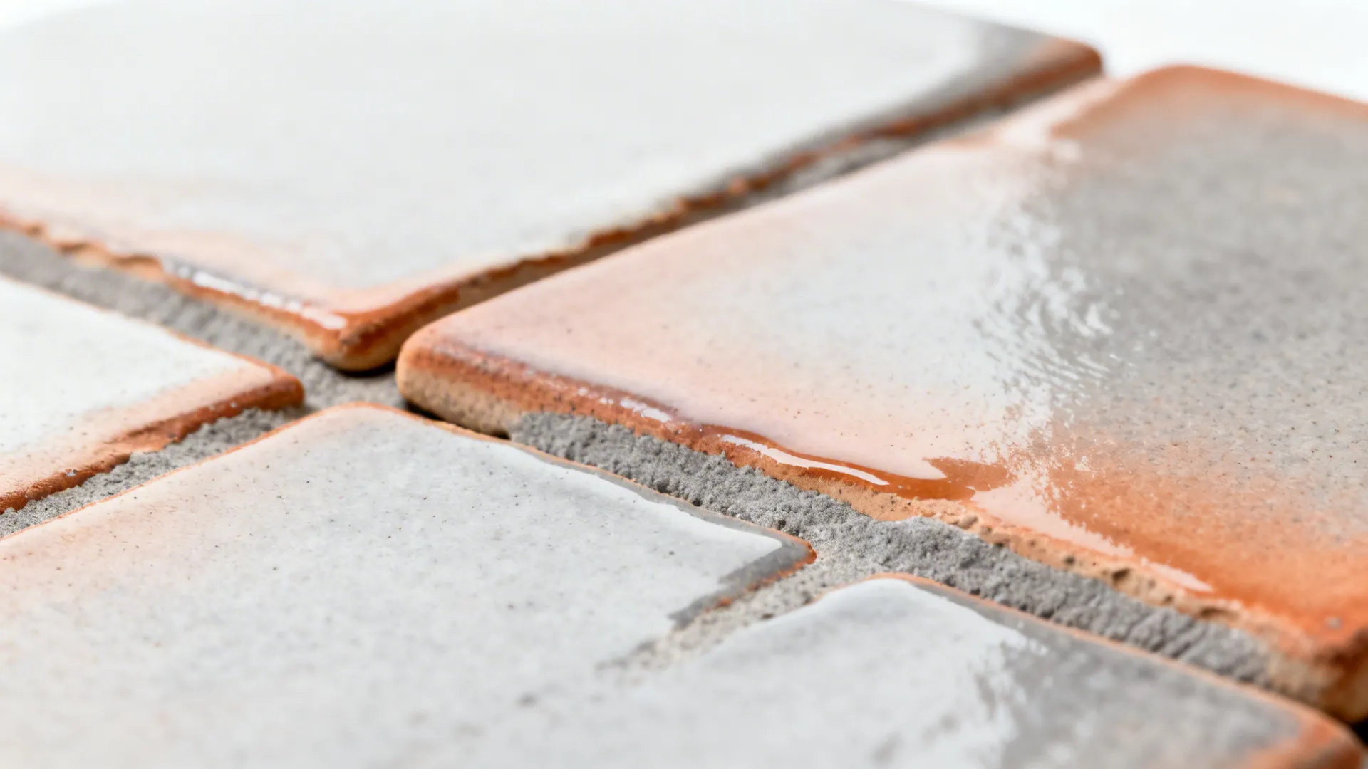 Macro of handmade zellige tiles with glaze variation and warm gray grout.