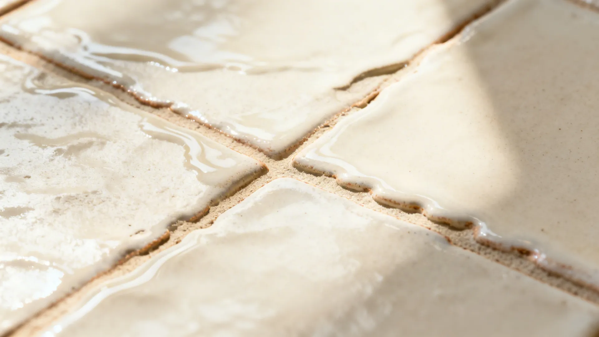 Macro of creamy zellige-look tile with glaze pooling and subtle surface ripples.