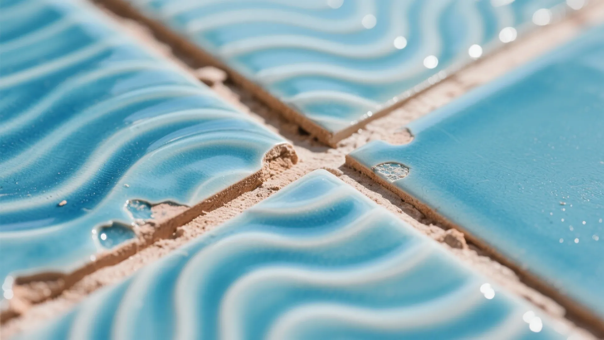Close up view of blue wall tiles with wavy texture and rough edges under light
