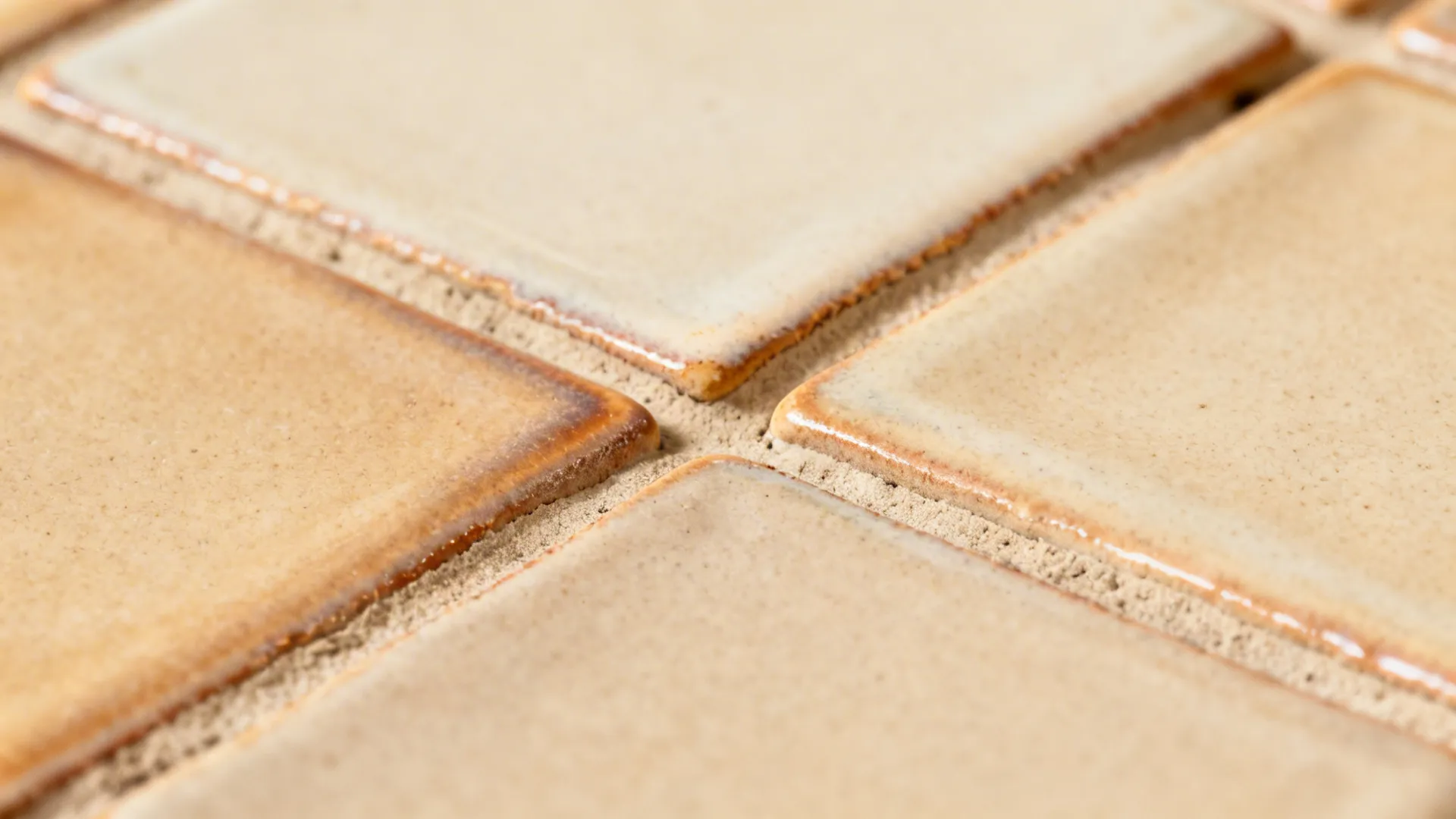 Macro detail of zellige-style tiles with glaze variation and warm neutral grout joint.