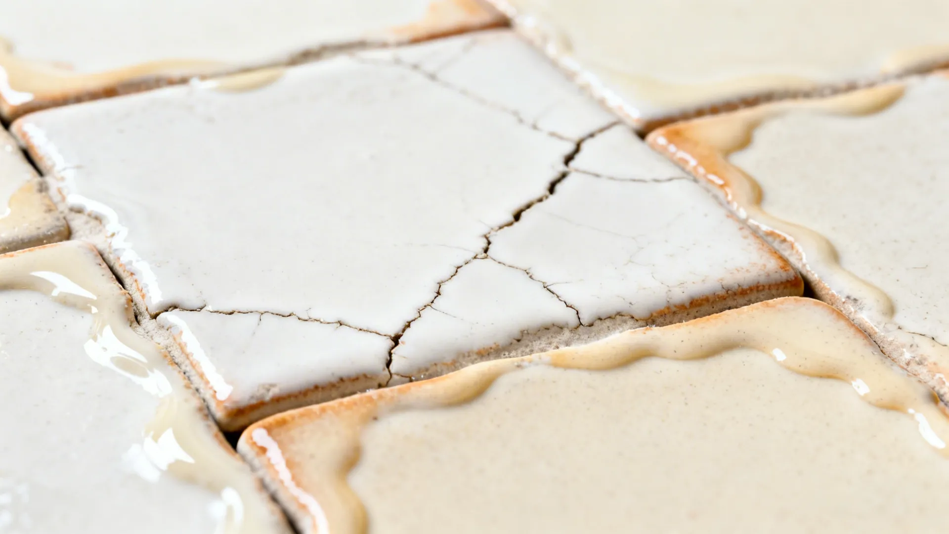 Macro of zellige showing irregular edges and pooled glaze with tonal variation.