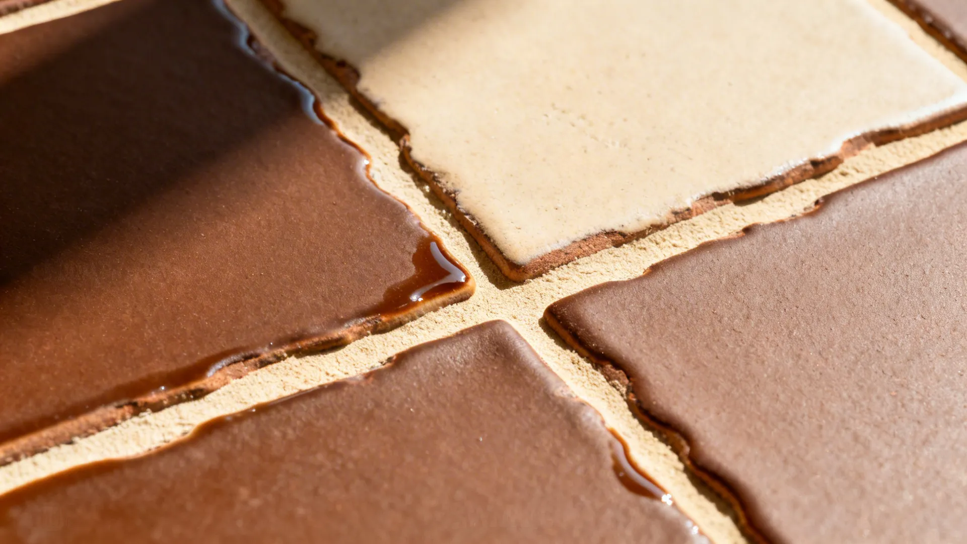 Macro of matte chocolate zellige showing handmade edges and warm grout.