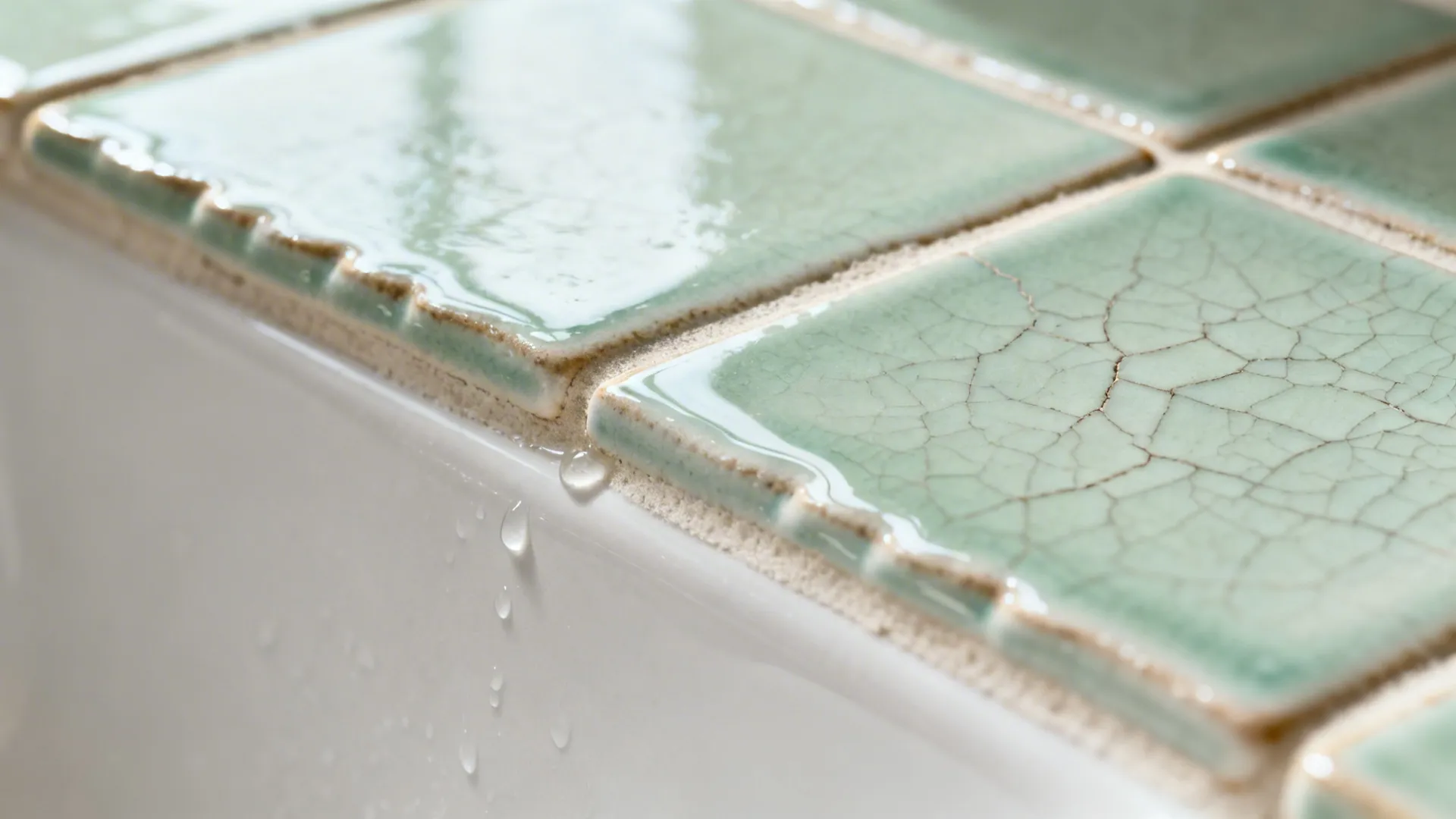 Macro of pale sage zellige tiles showing glossy glaze and handcrafted texture.