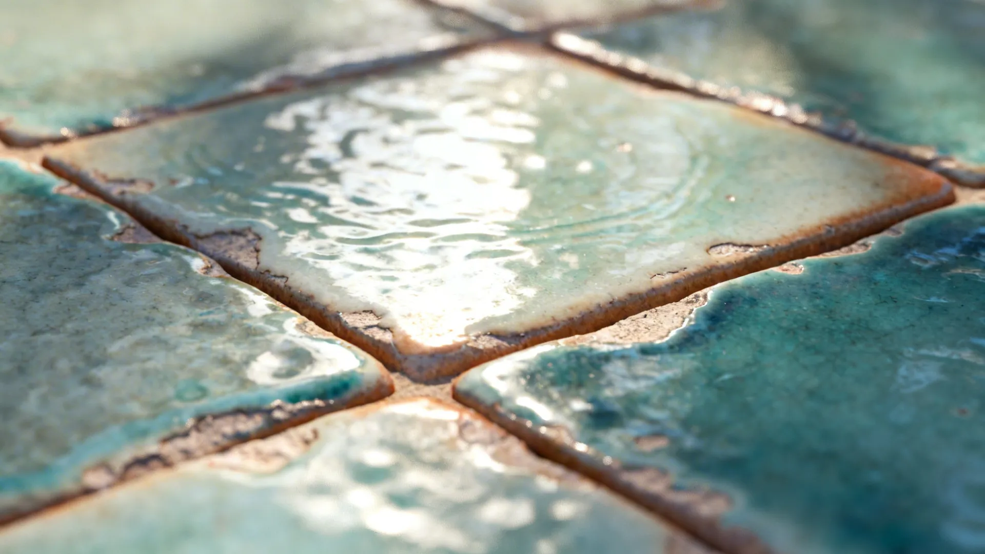 Macro of zellige-style ceramic showing rippled glaze, soft edges, and blended grout.
