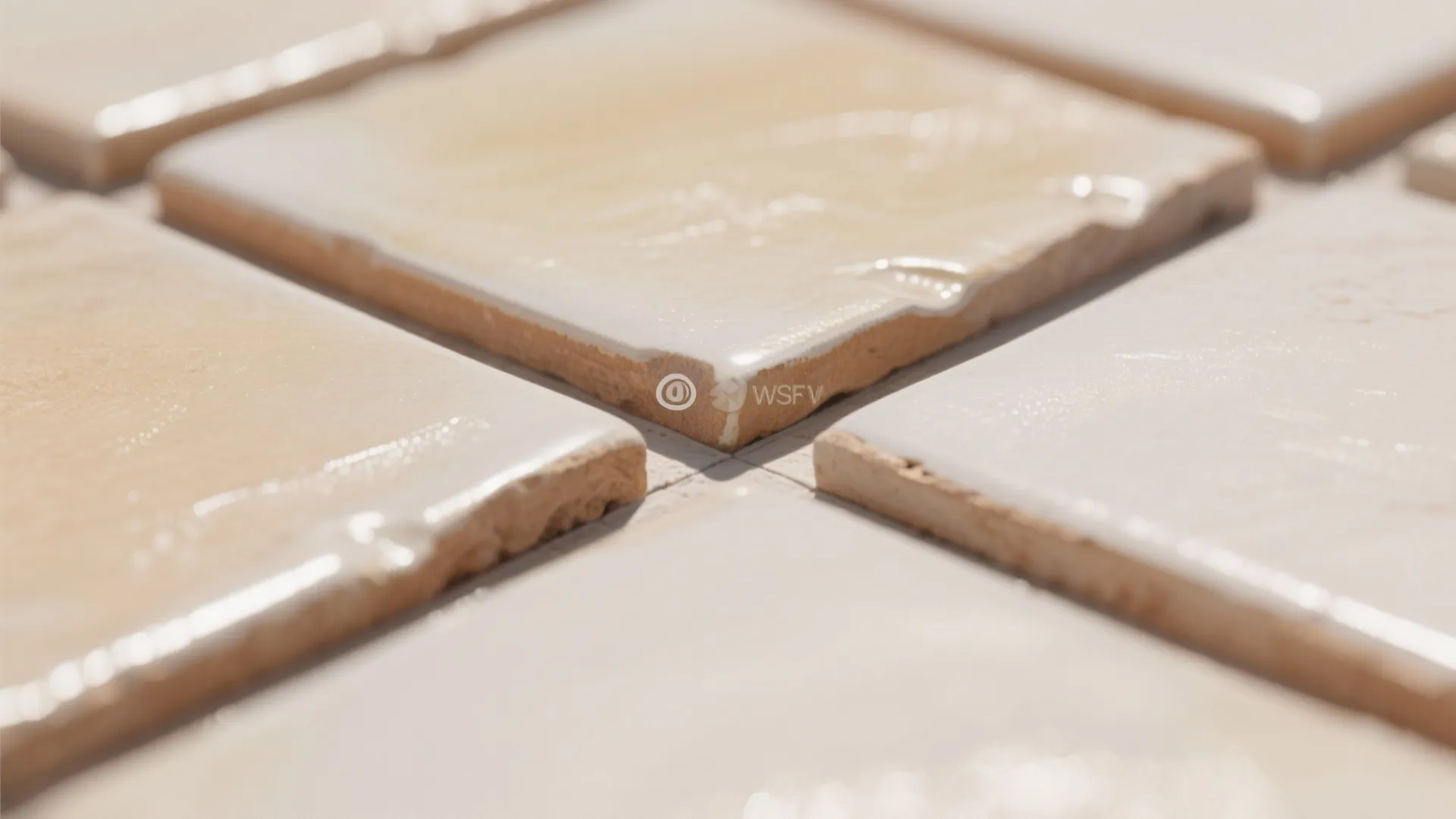 Close up of glossy square wall tiles in beige and white with shiny reflective surfaces