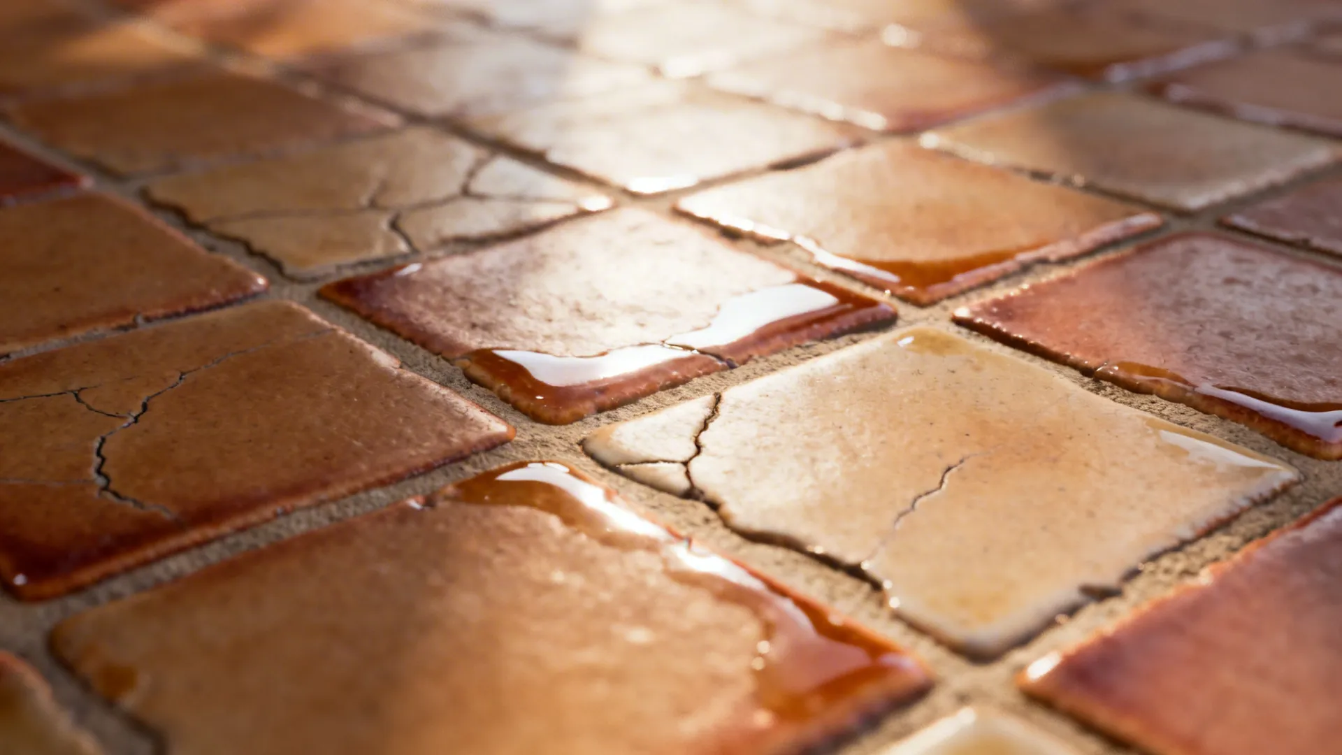 Macro of zellige tile showing pooled glossy glaze, tonal shifts, and mid-tone grout.