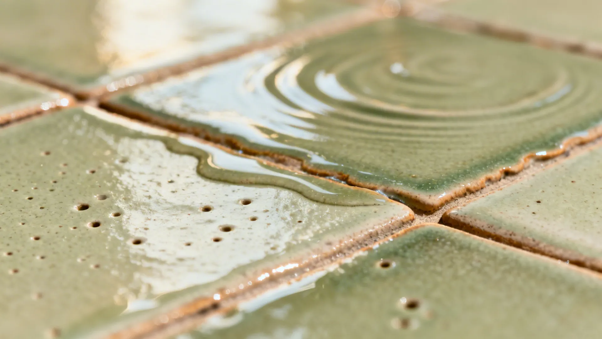 Macro of eucalyptus zellige tile showing glaze pooling and handcrafted texture.