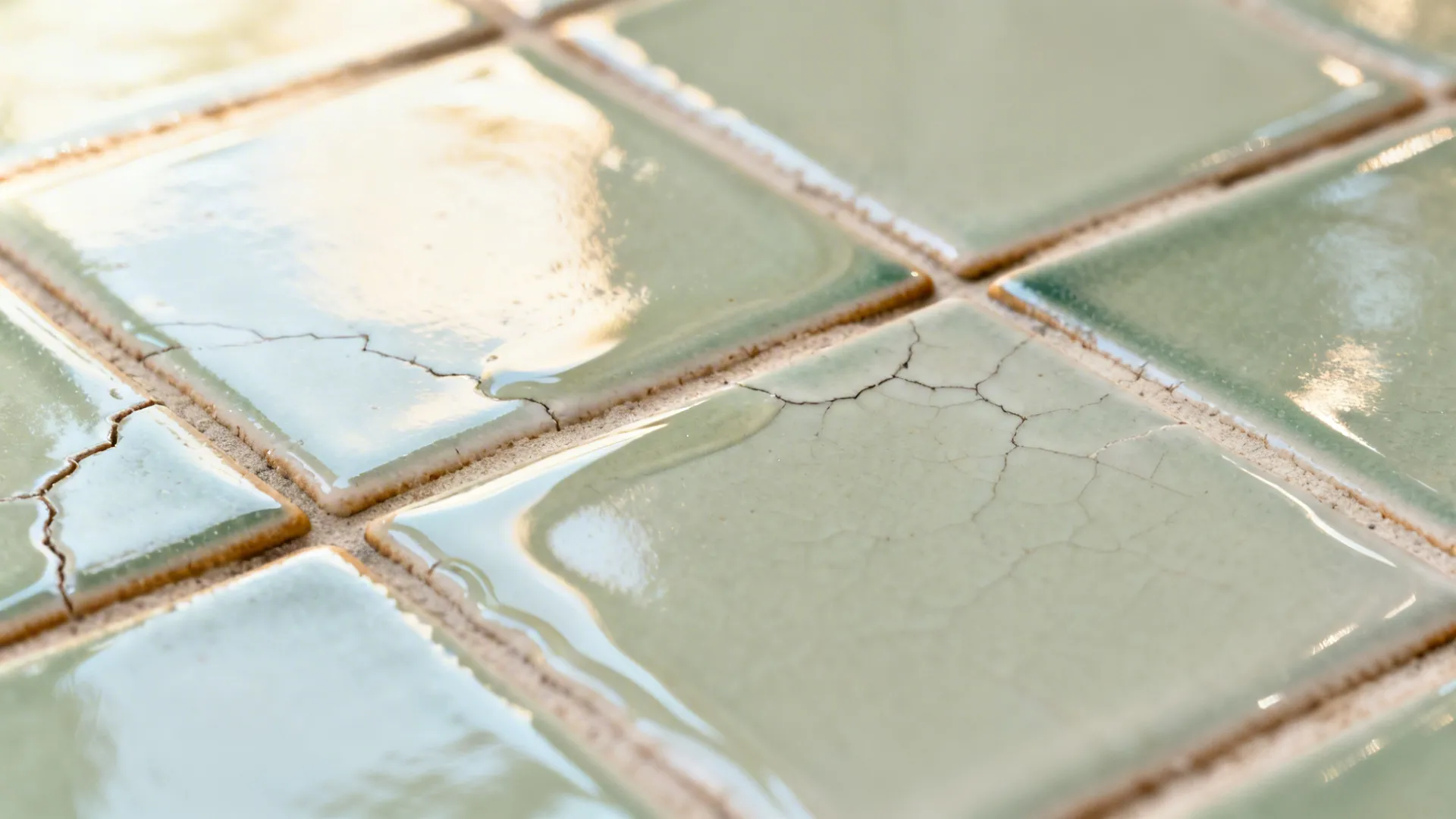 Macro of glossy zellige-style tiles with tonal variation and hand-formed edges.