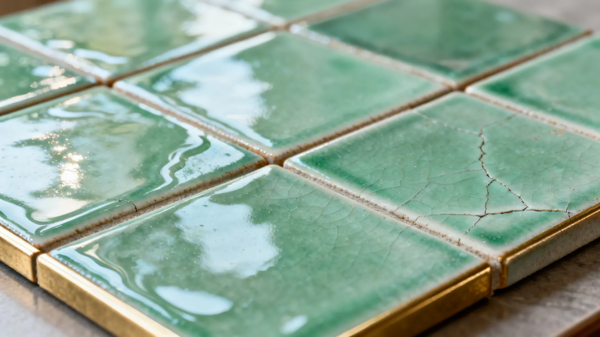 Macro of sea-glass green zellige tiles with reflective glaze and thin joints on a table.