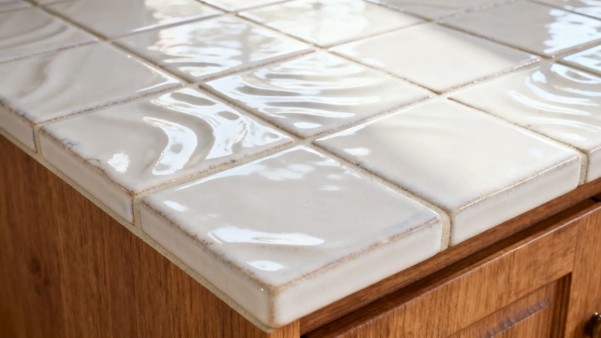 Close-up of white zellige tile texture beside warm oak cabinetry.