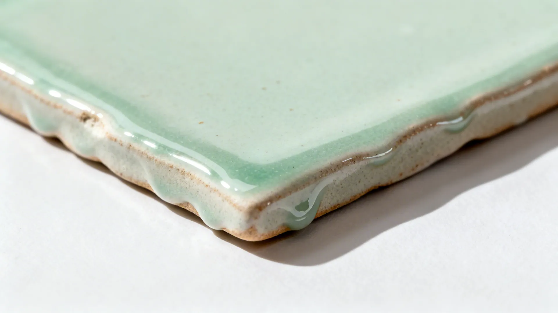 Macro of glossy handmade-look tile with irregular edges and pooled glaze.