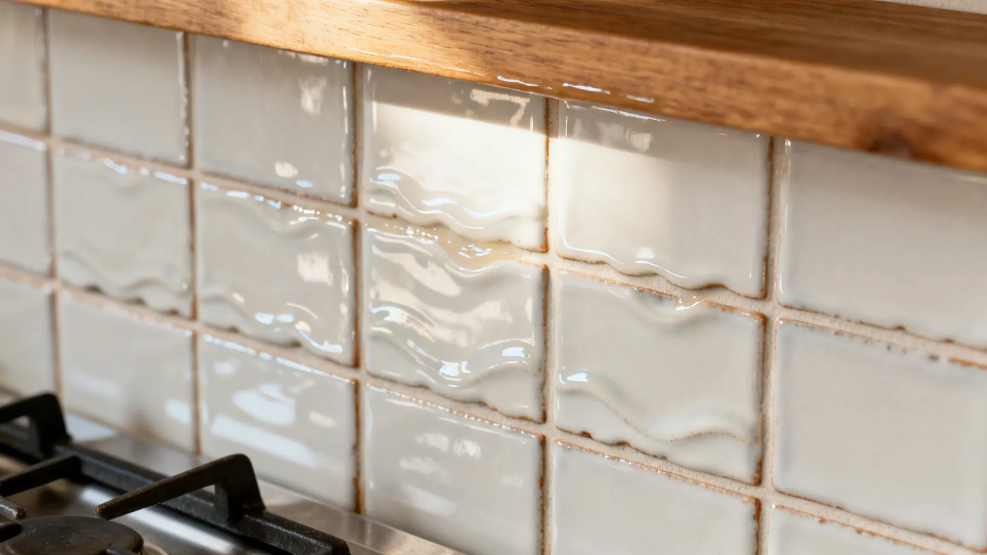 Close up of shiny white wavy kitchen wall tiles under a wood shelf and stove