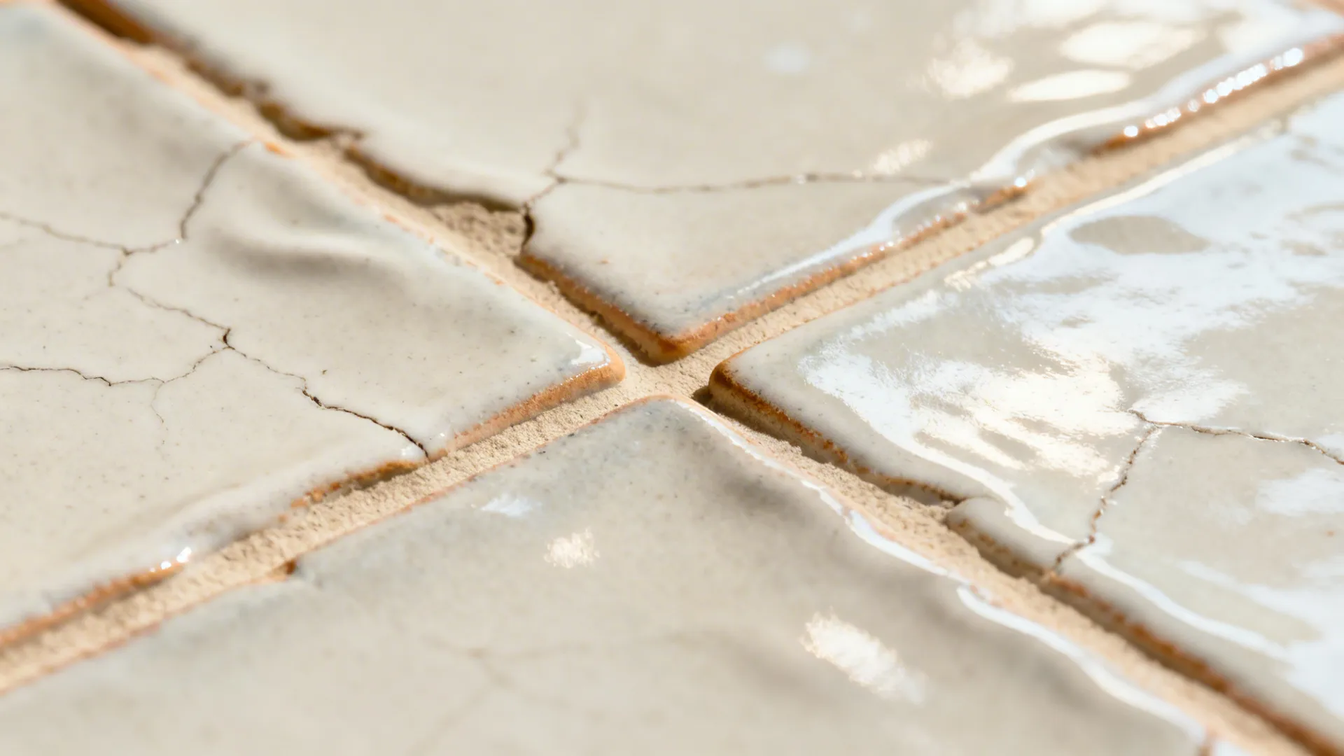 Macro of hand-glazed zellige showing subtle sheen, undulations, and beige grout.