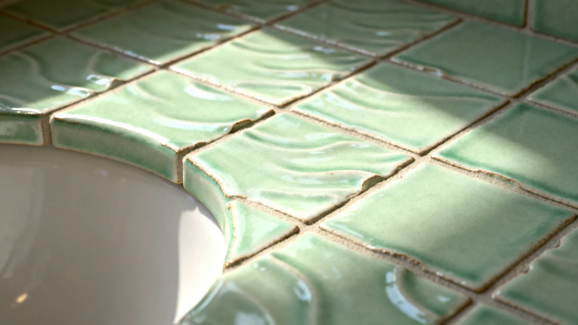 Macro of handcrafted zellige tile with rippled glaze and subtle variation.