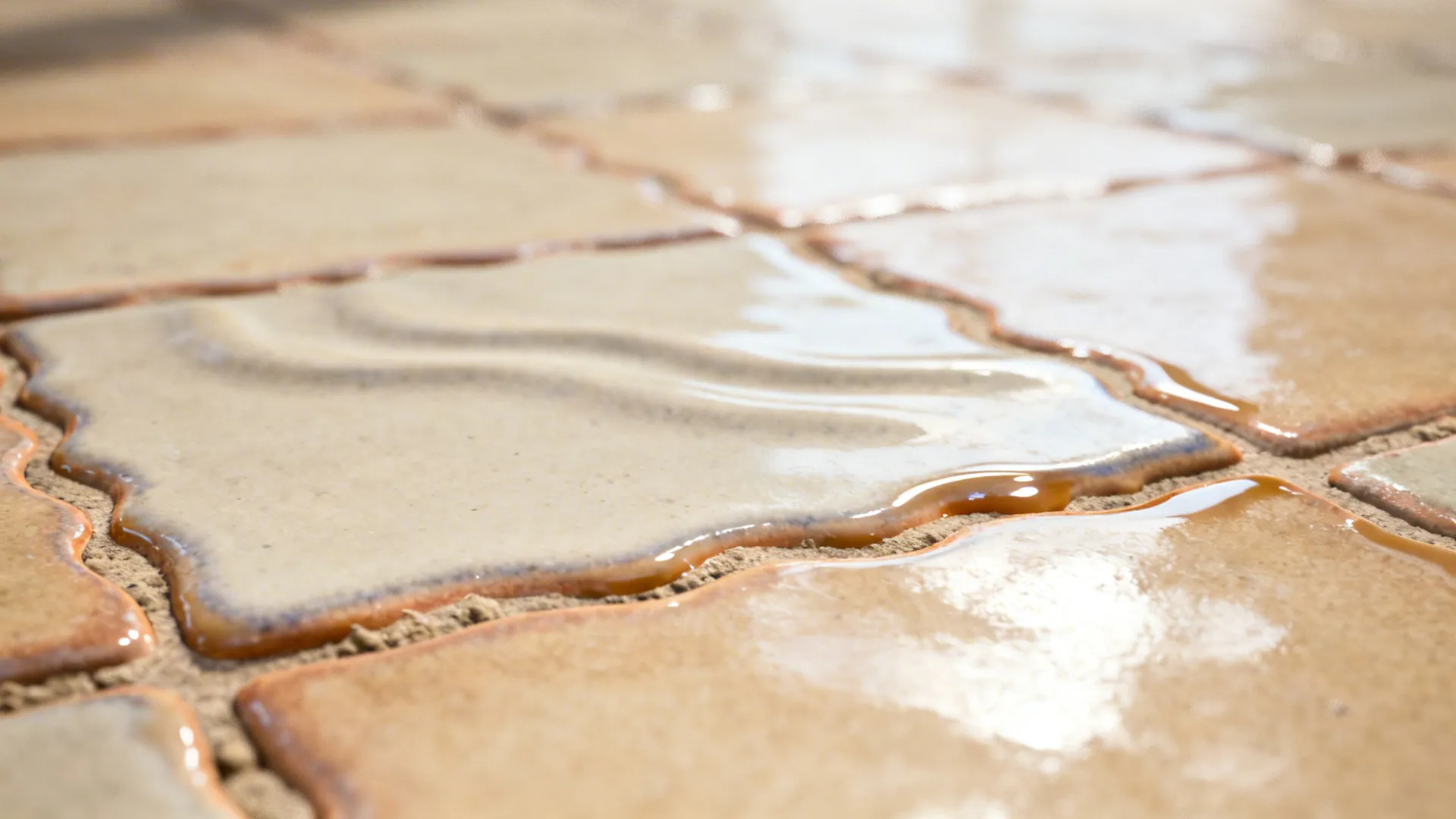 Close-up of zellige-style tile with wavy surface and soft glaze variation in warm neutral tones.