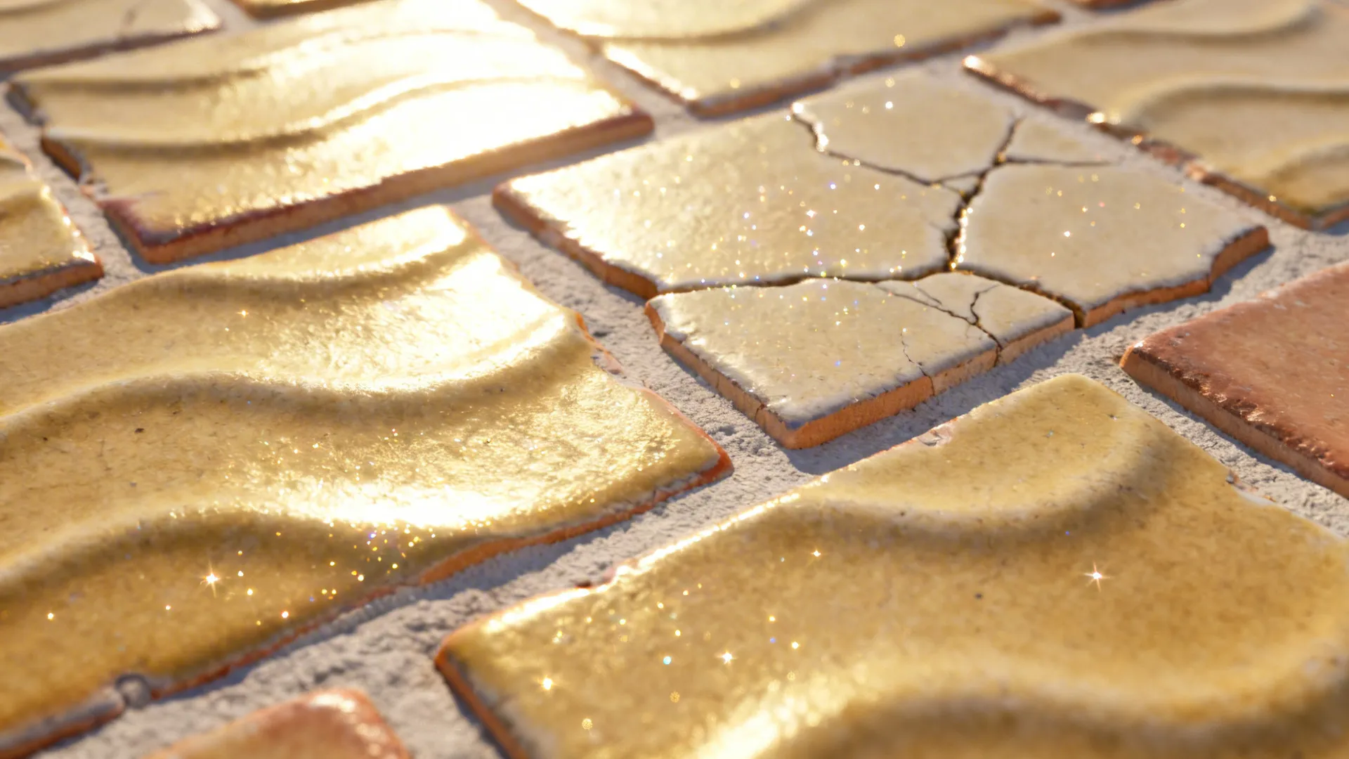 Close-up of sage zellige showing wavy surface, light grout, and subtle crazing.