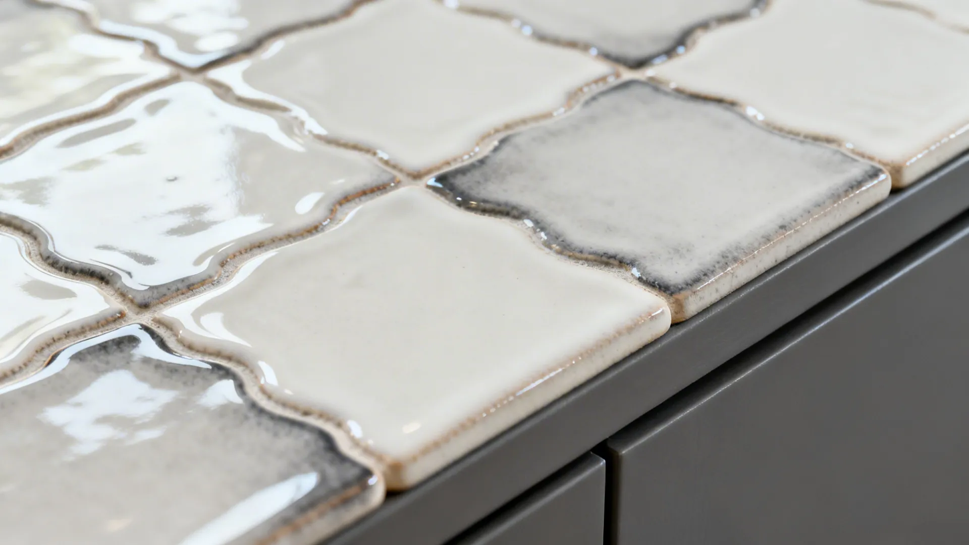 Macro of zellige-style tile with glossy glaze and organic edge by grey cabinetry.