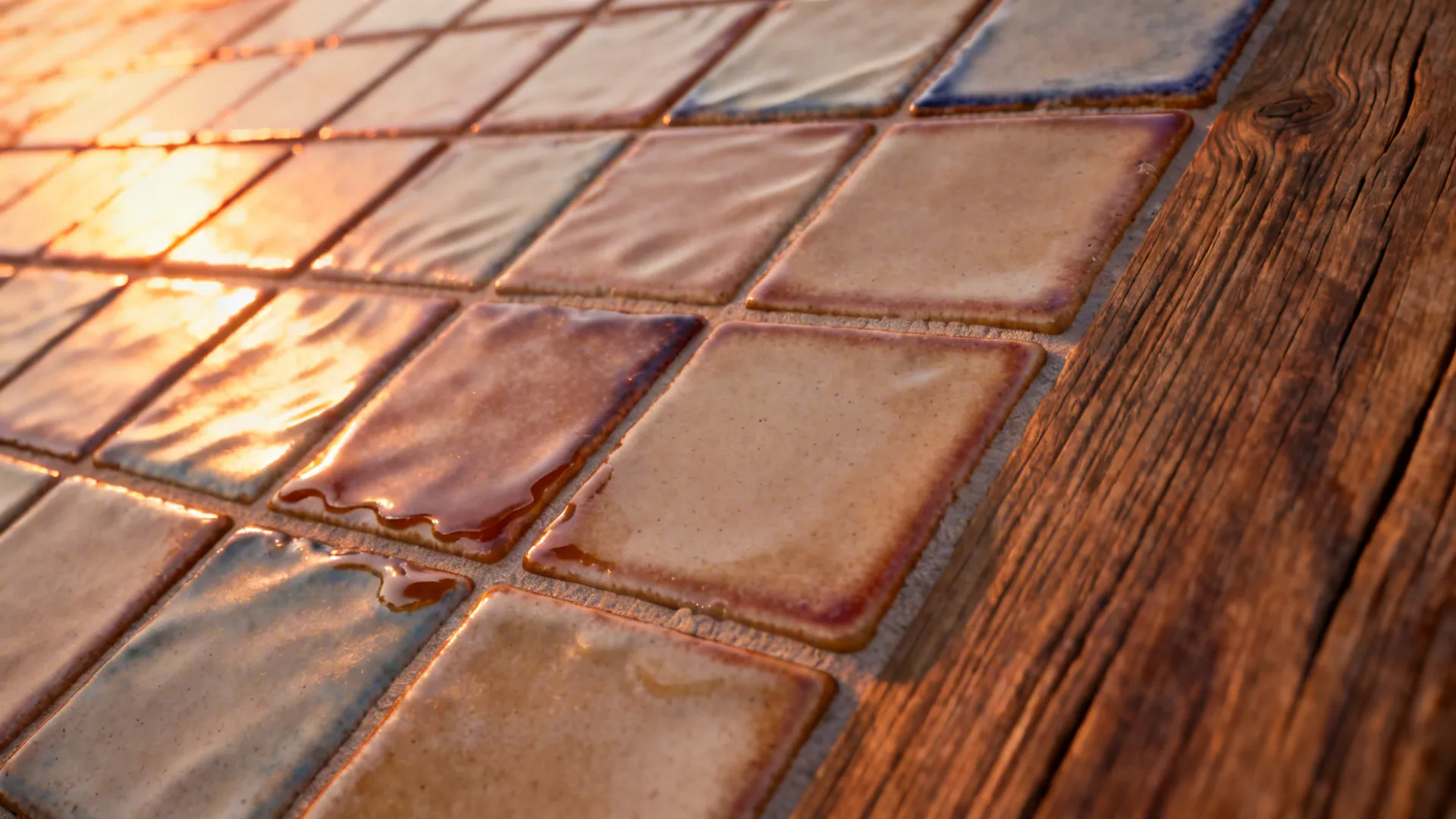 Macro of zellige-style tile glaze variation and warm wood detail with clean grout