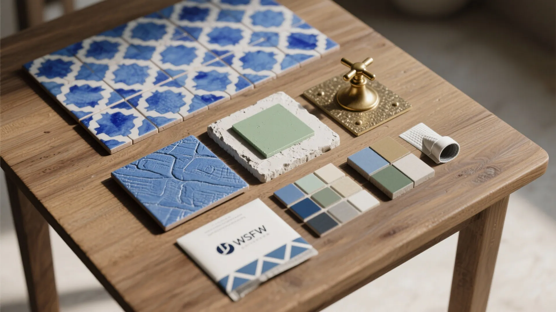 Variety of blue and green wall tiles on wood table with a gold brass tap