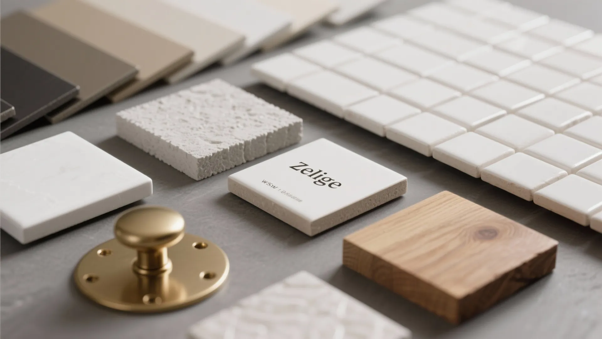 Flatlay of white zellige tile samples, grout options, brass and wood samples for design decisions
