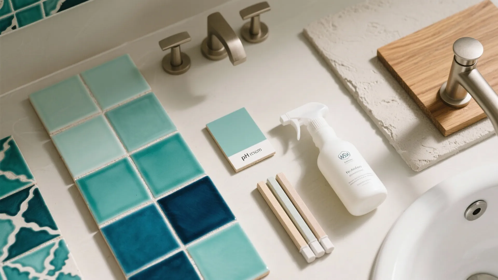 Top-down flat lay with ocean-hued zellige tiles, oak, nickel, and plaster samples.