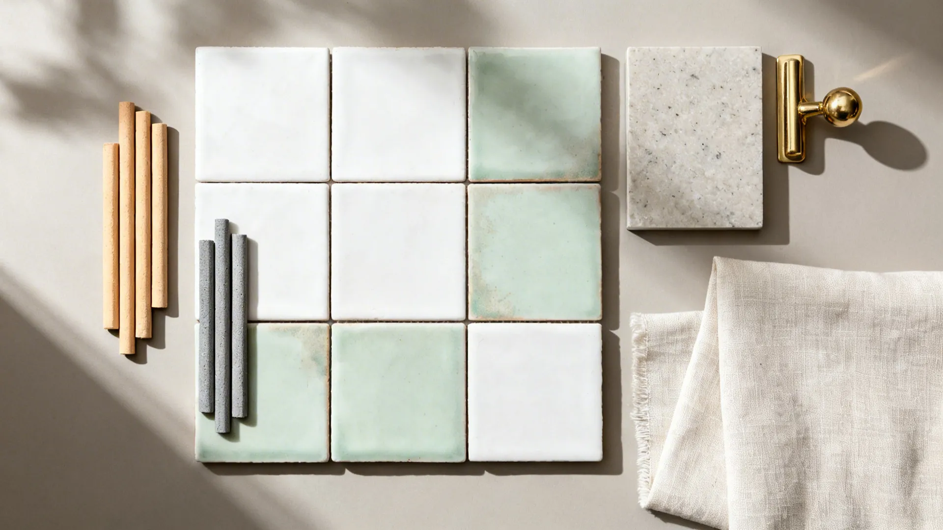 Top-down flatlay of zellige tiles with grout samples, quartz, and brass hardware.