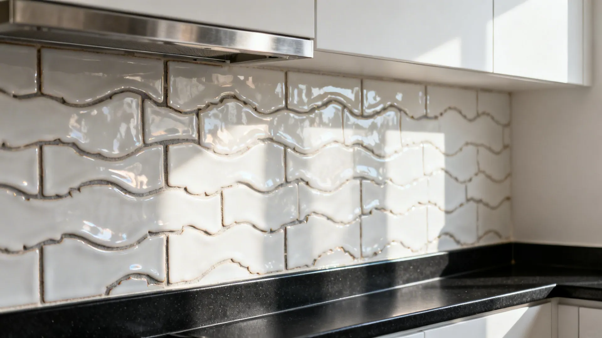 Glossy white zellige tile backsplash meeting a matte black surface with soft daylight reflections.