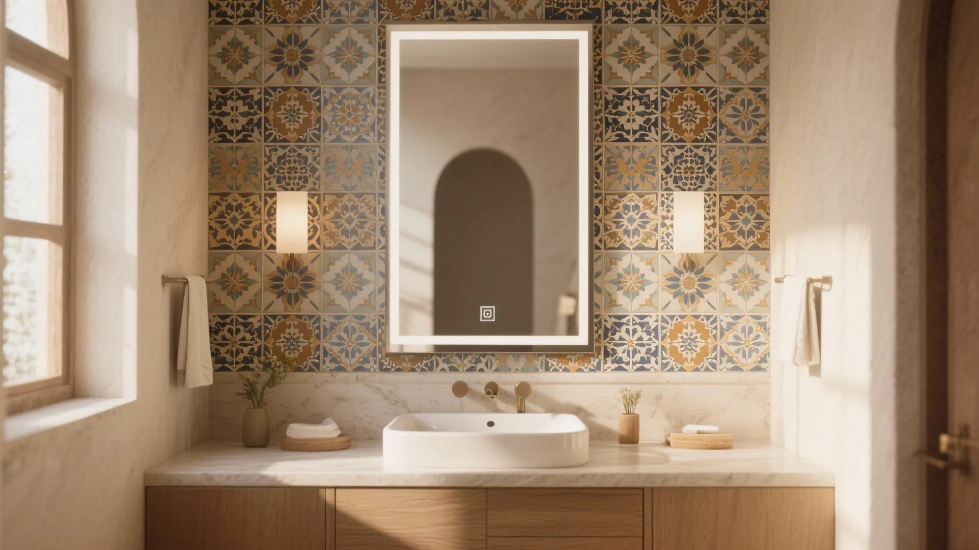 Modern bathroom vanity featuring a lighted mirror over colorful patterned wall tiles and white sink