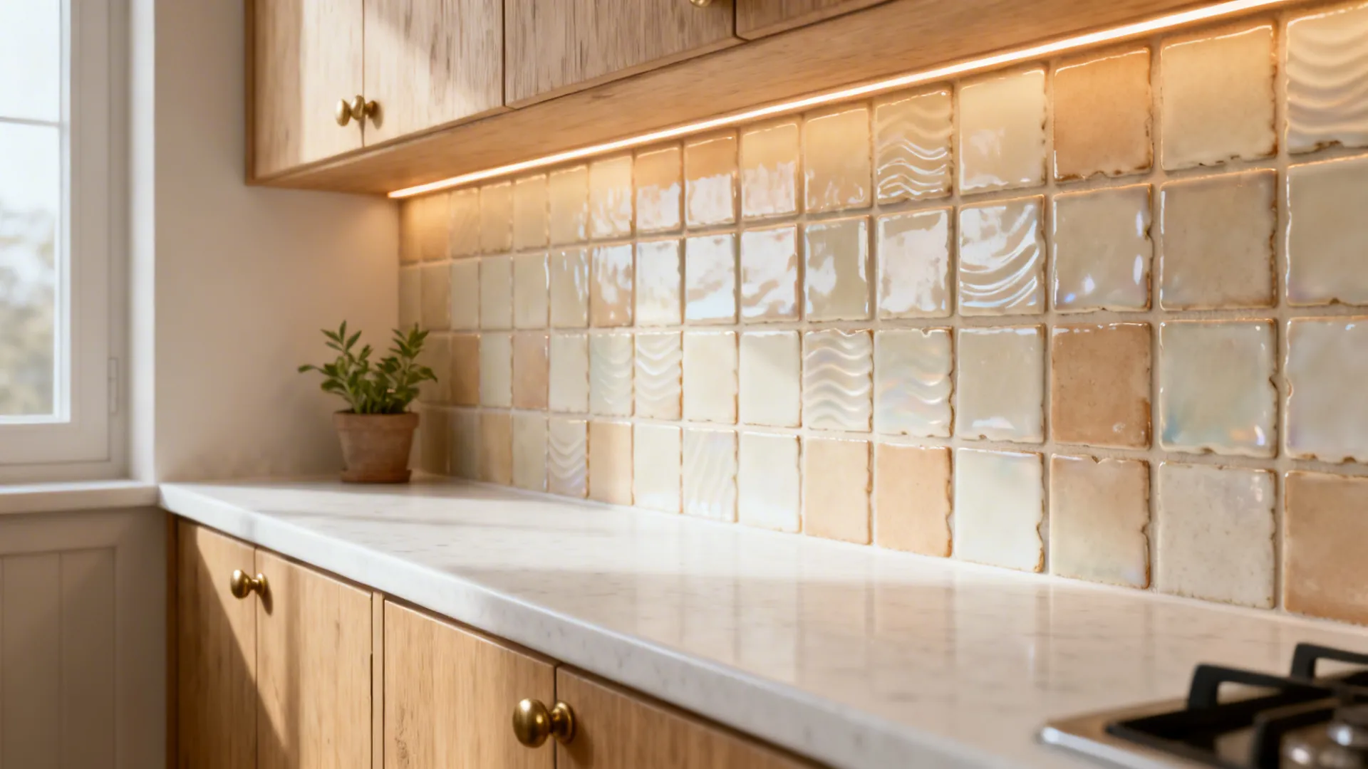 Soft neutral 2x2 hand-glazed zellige mosaic backsplash with warm LEDs in a tiny galley.
