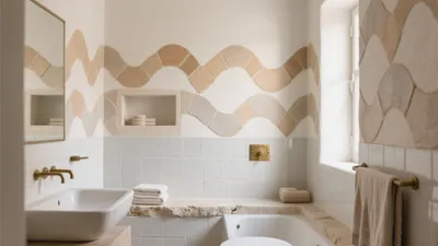 Wave Pattern Bathroom Design with Natural Tones