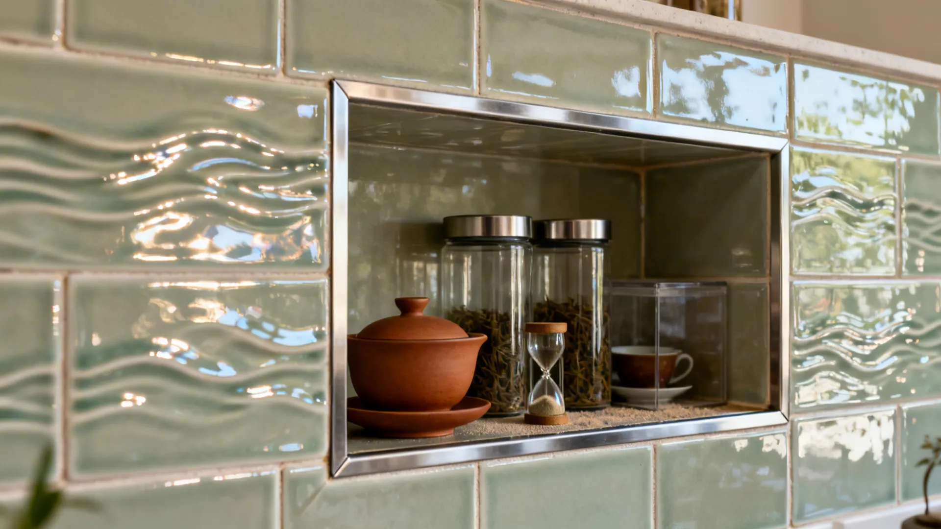 Glossy zellige splash with open niche