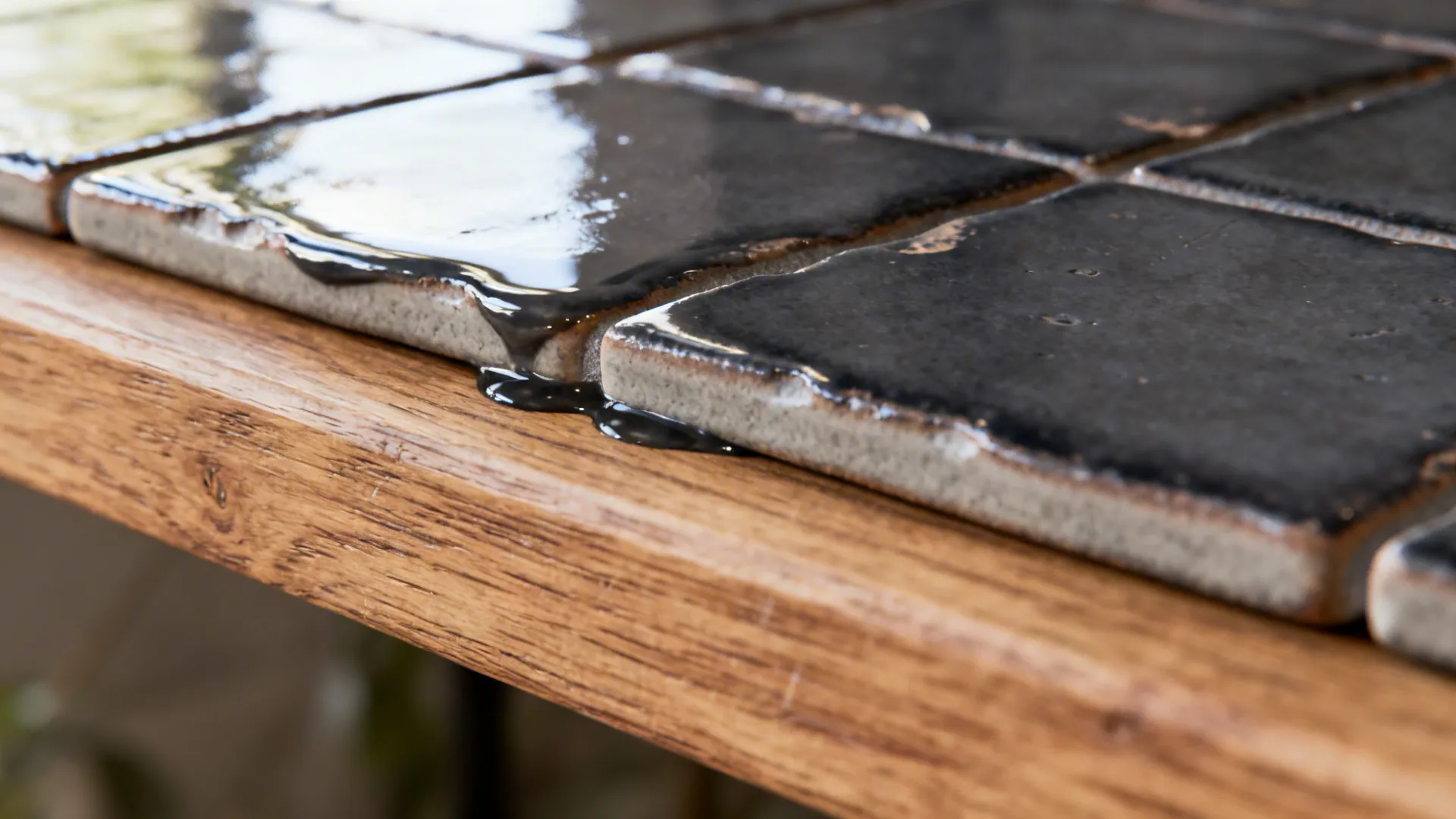 Macro of charcoal zellige tile next to oak shelf highlighting glaze and grain.