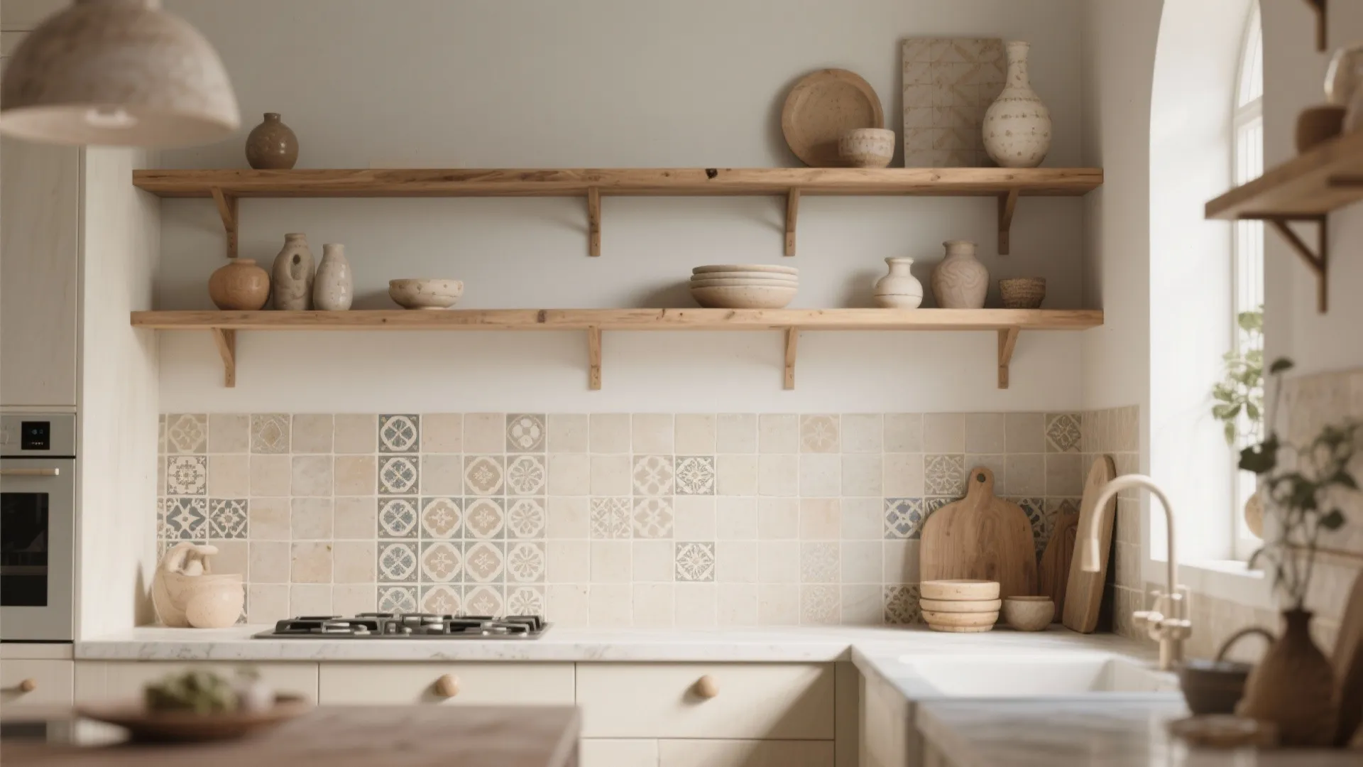 Neutral kitchen with wooden open shelves, decorative clay pots, patterned wall tiles, and marble countertop surface