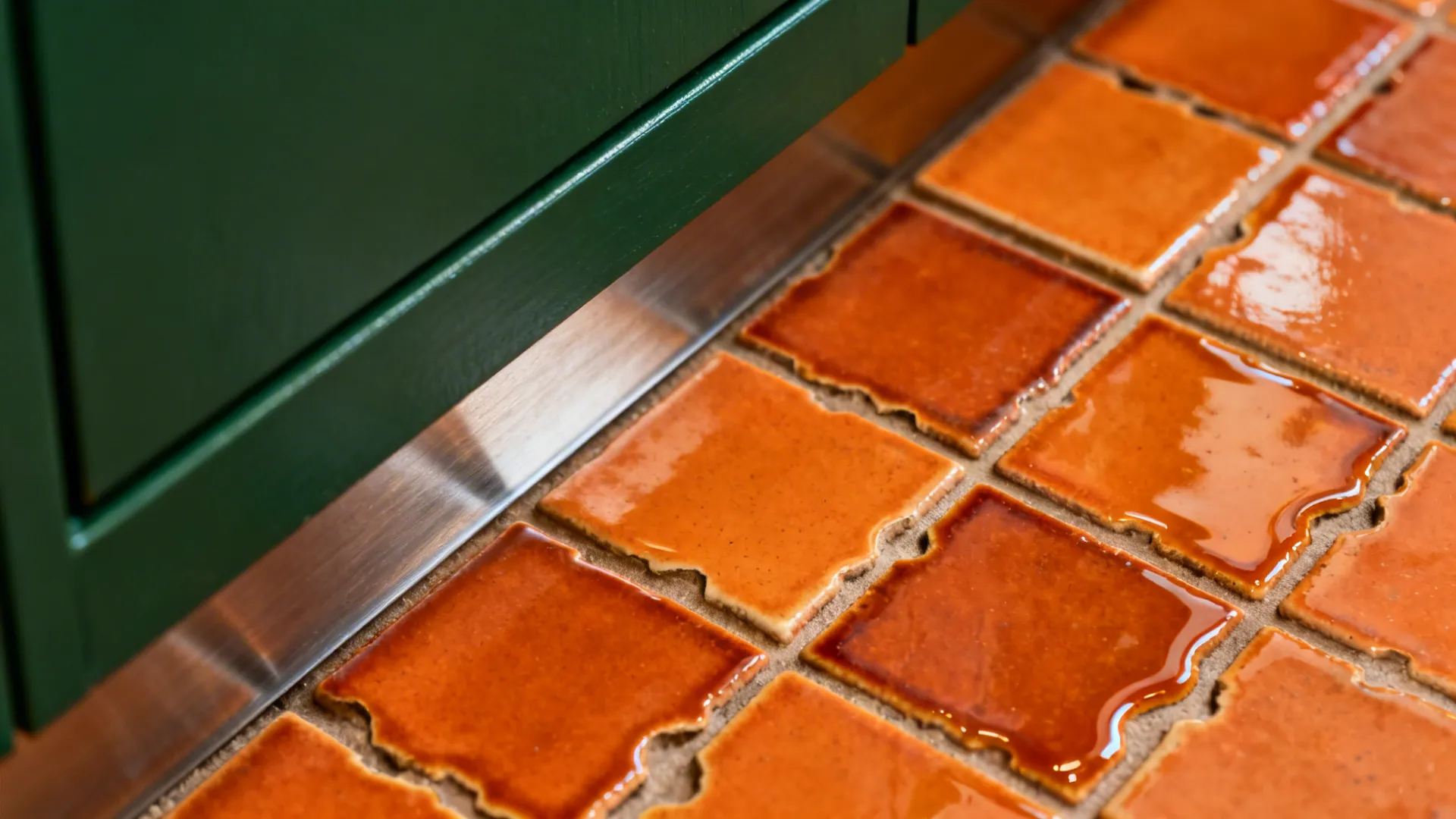 Close-up of burnt orange zellige tiles beside deep green cabinetry.