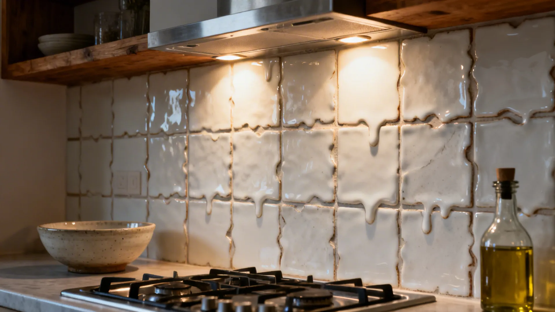 Handmade-look zellige backsplash with irregular edges and warm glow in a compact kitchen.