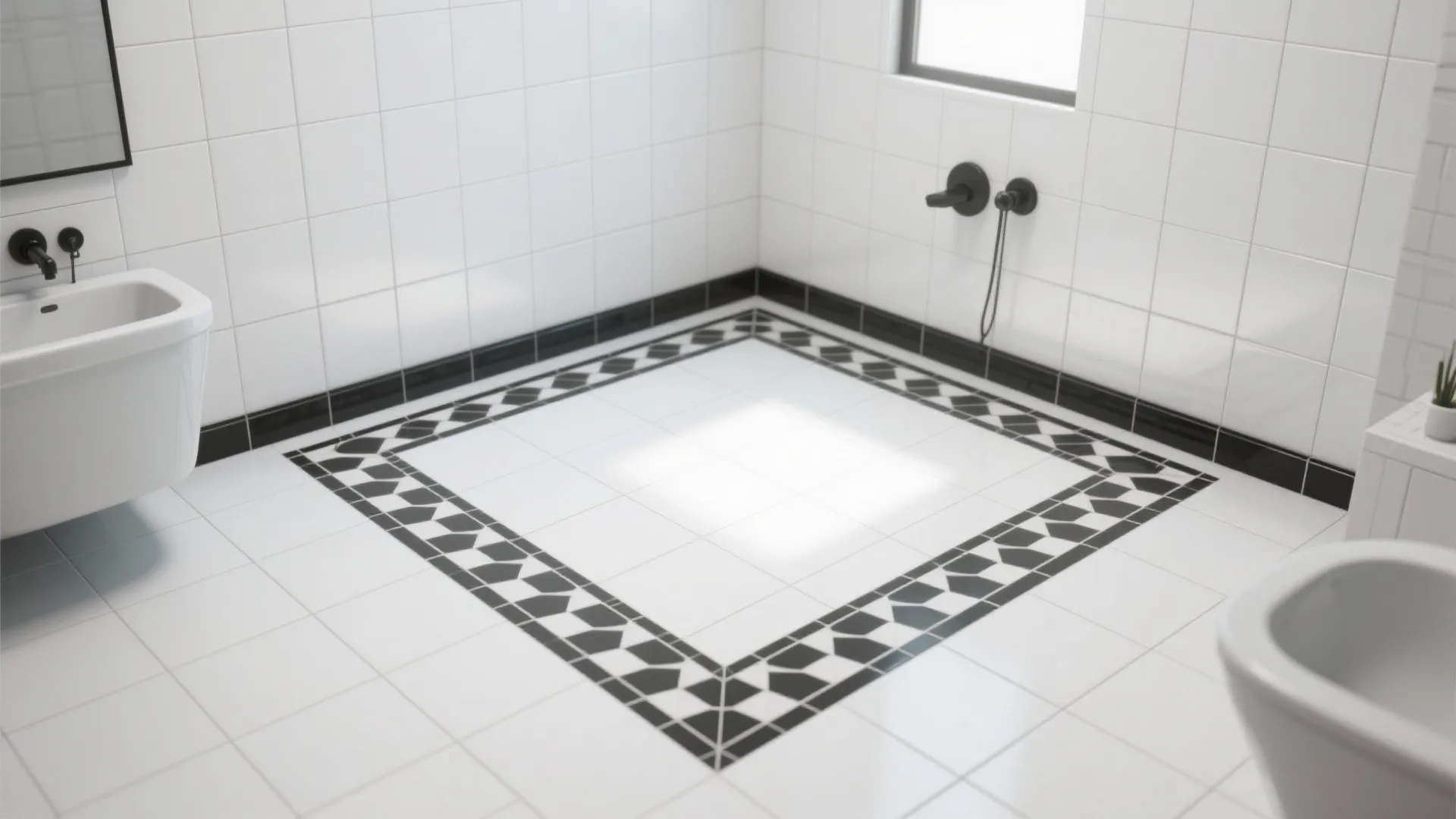 Bathroom with white zellige walls and a simple matte black geometric floor border